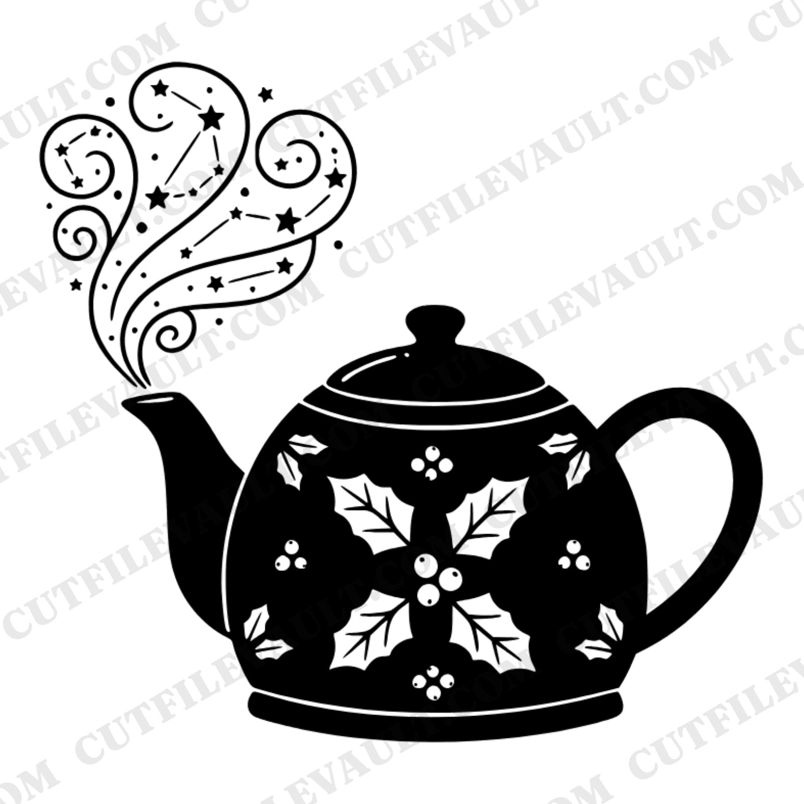 Christmas Tea Kettle SVG, Celestial Constellation Steam, Cottagecore Holiday Kitchen Decor PNG Cut File, view 1