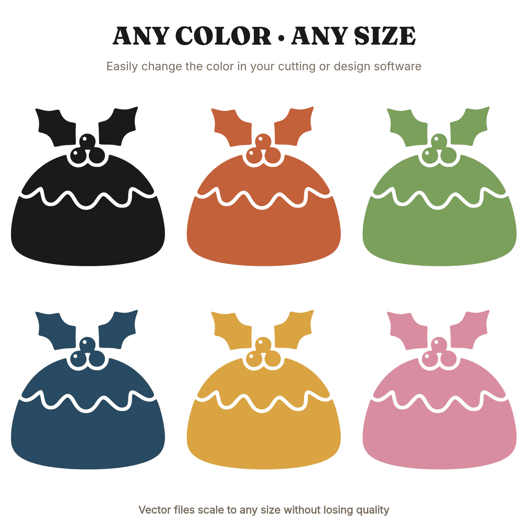 Christmas Pudding SVG, Holly Sprig Silhouette PNG, Retro Holiday Dessert Cut File, Mid Century, view 2