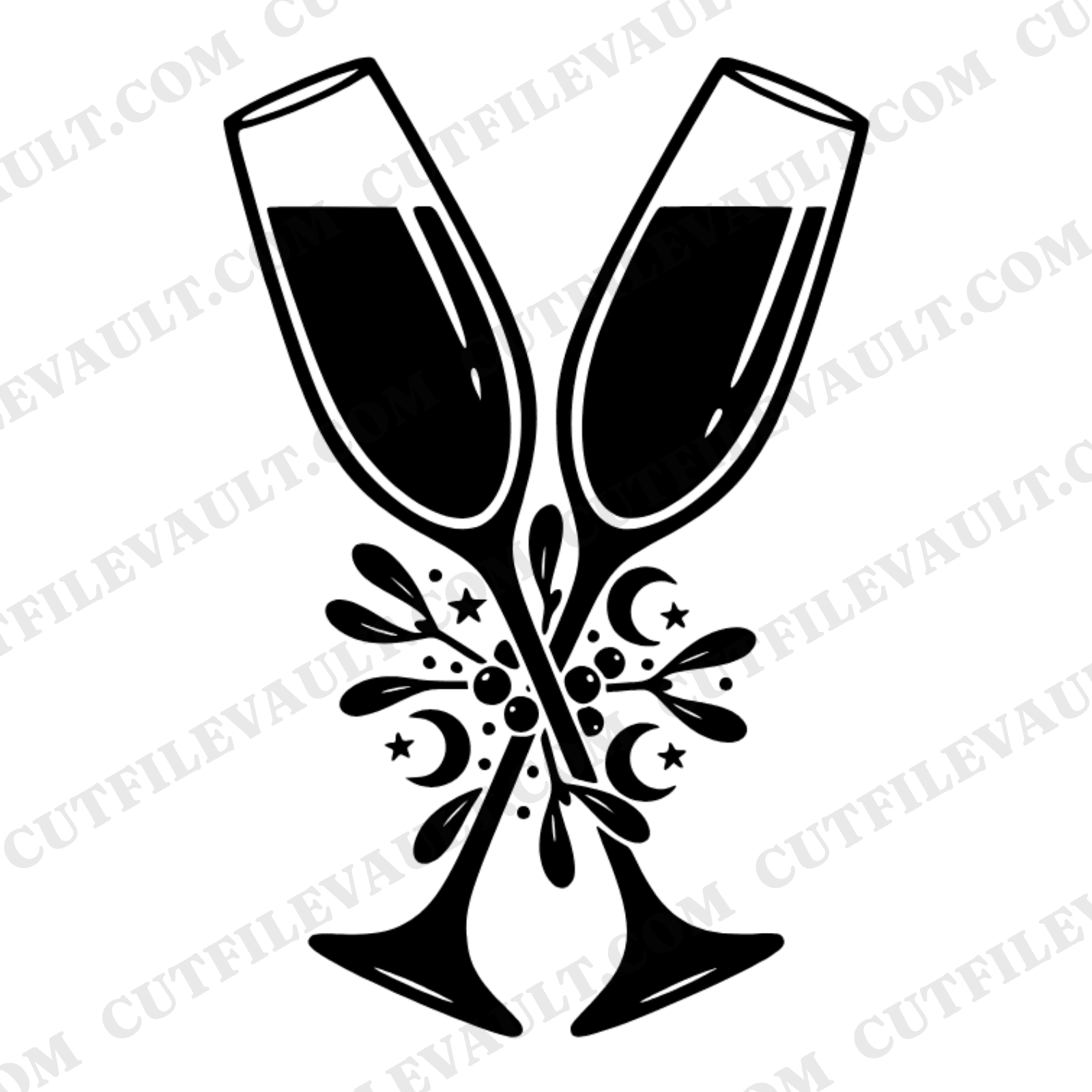 Celestial Champagne Toast SVG PNG, Mistletoe Champagne Flutes Cut File, Mystical New Year Wedding, view 1