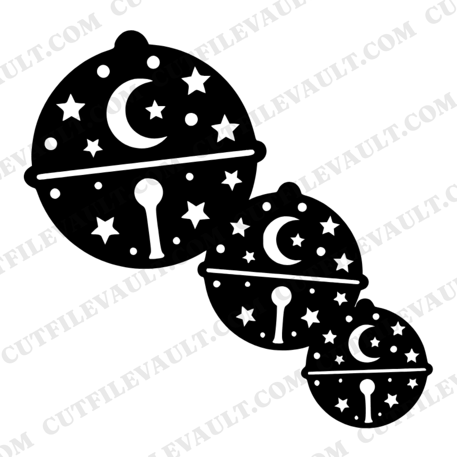 Mystical Cascade Sleigh Bells SVG PNG, Three Christmas Bells with Stars and Moons Cut File, view 1