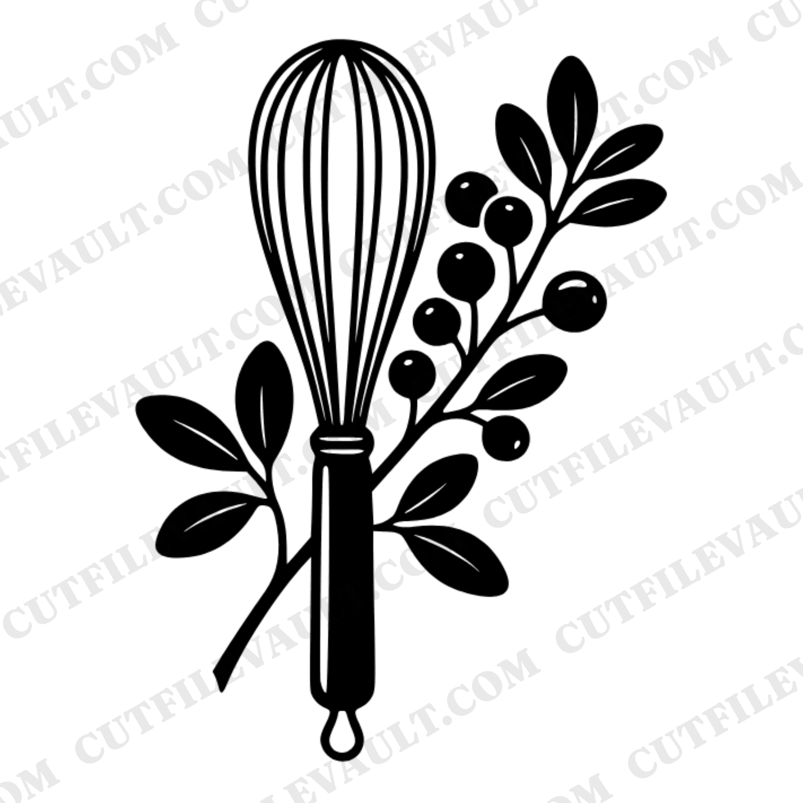Botanical Whisk and Cranberry Branch SVG PNG, Retro 70s Kitchen Christmas Cut File for Baking Crafts, view 1