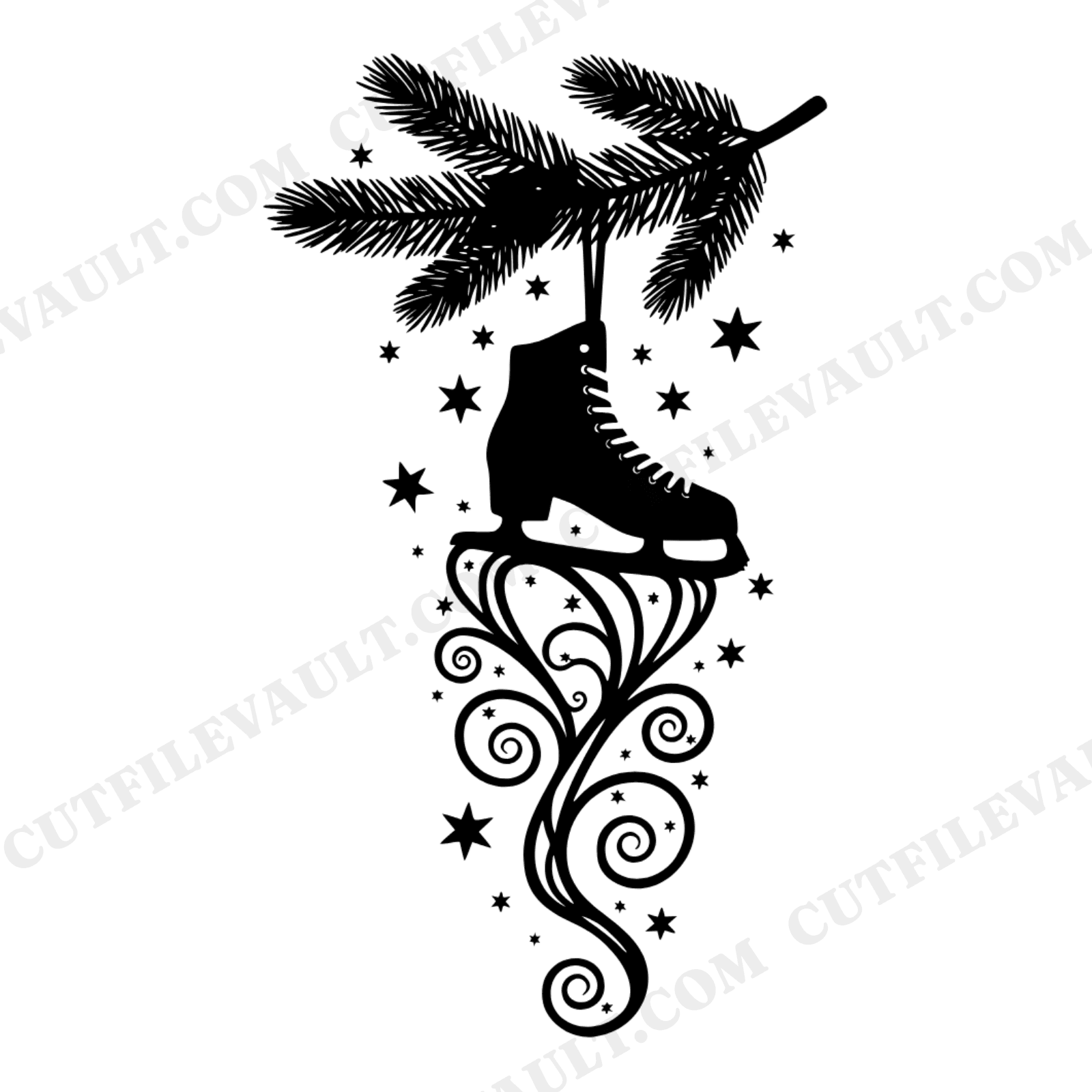 Vintage Ice Skate SVG PNG, Art Nouveau Winter Solstice, Mystical Pine Branch Christmas Cut File, view 1