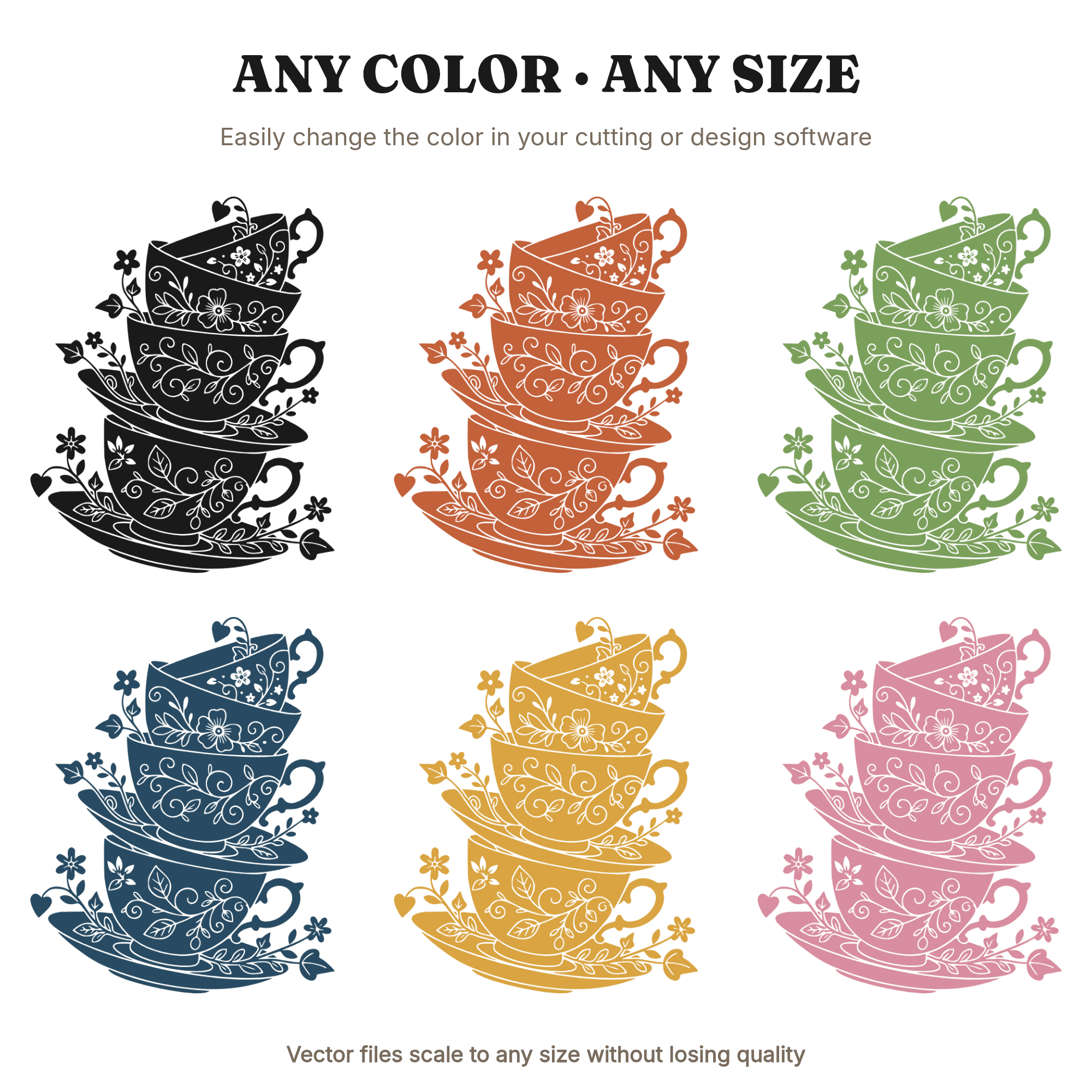 Stacked Teacups SVG PNG, Whimsical Cottagecore Valentine Tower, Farmhouse Kitchen Wall Art Cut File, view 2