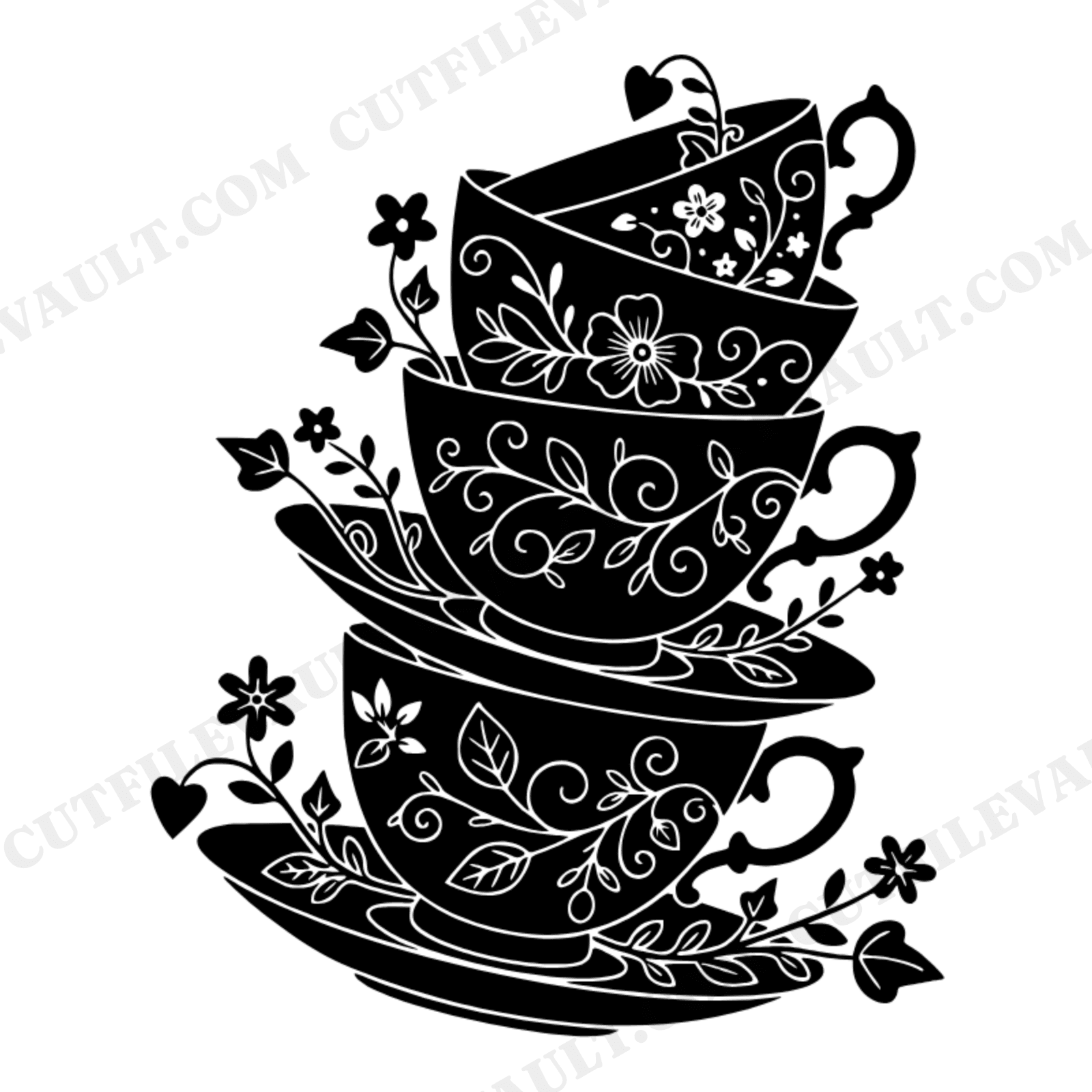 Stacked Teacups SVG PNG, Whimsical Cottagecore Valentine Tower, Farmhouse Kitchen Wall Art Cut File, view 1