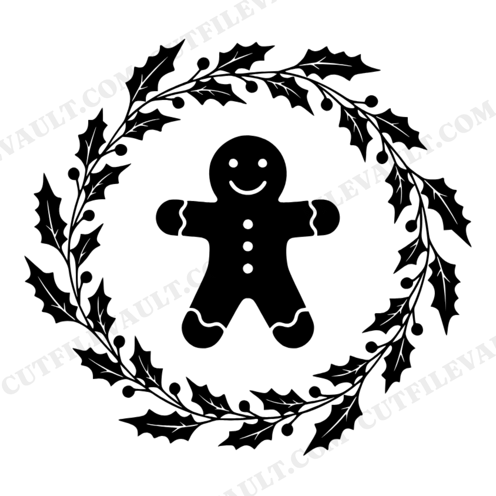 Gingerbread Man Holly Wreath SVG PNG, Christmas Cookie Cutter Badge, Boho Holiday Kitchen Decor, view 1