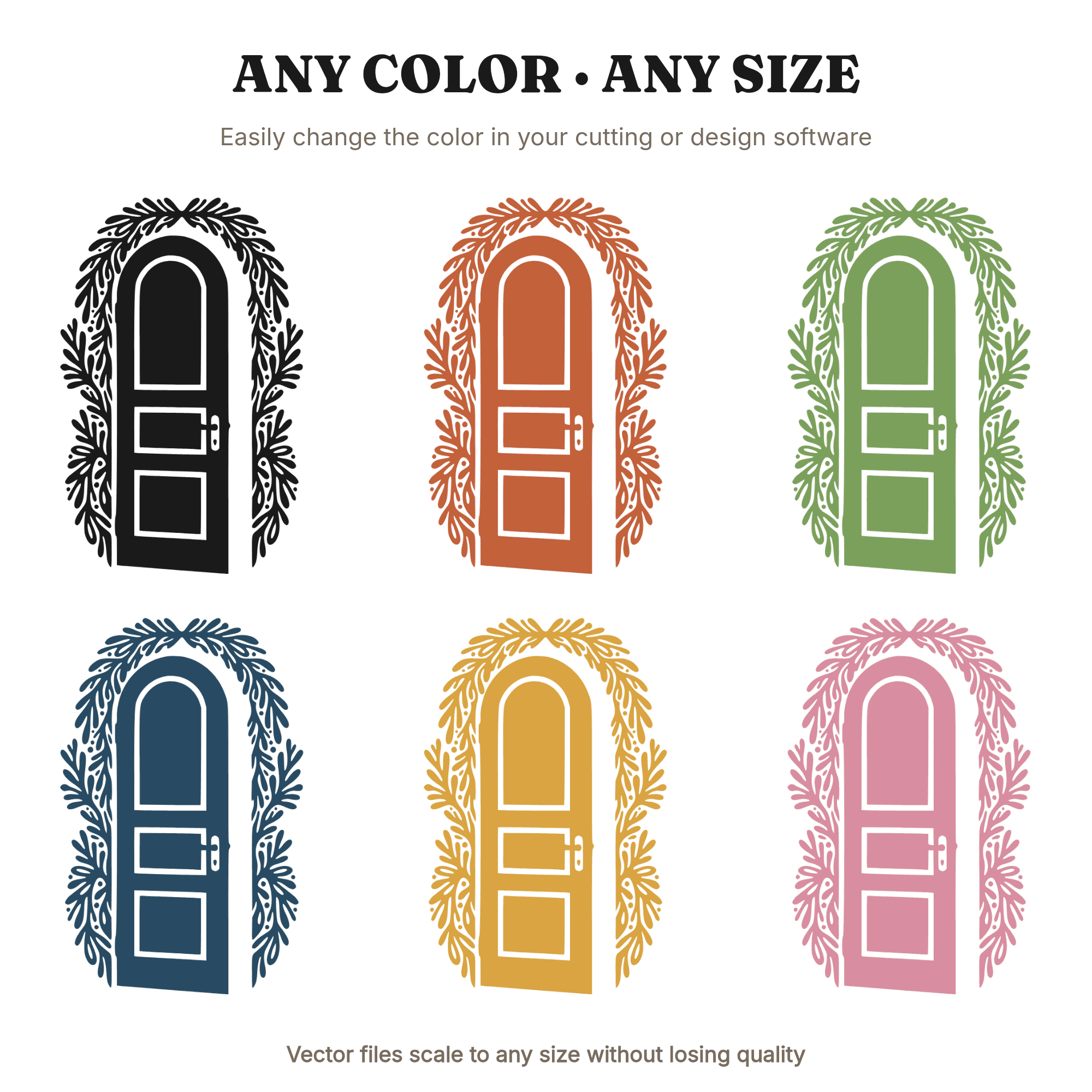 Arched Advent Door with Evergreen Garland SVG PNG, Scandinavian Christmas Line Art Cut File, view 2