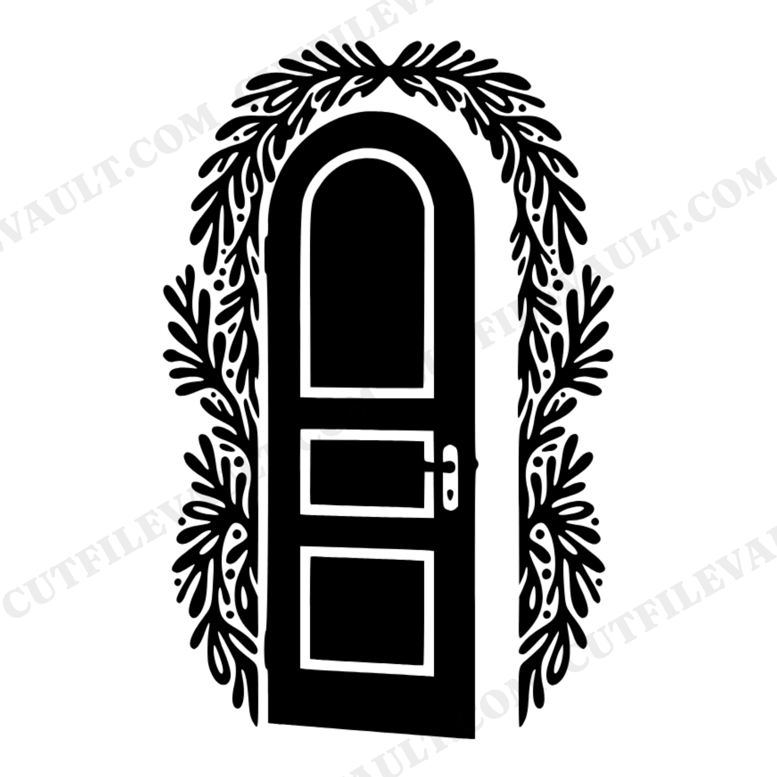 Arched Advent Door with Evergreen Garland SVG PNG, Scandinavian Christmas Line Art Cut File, view 1