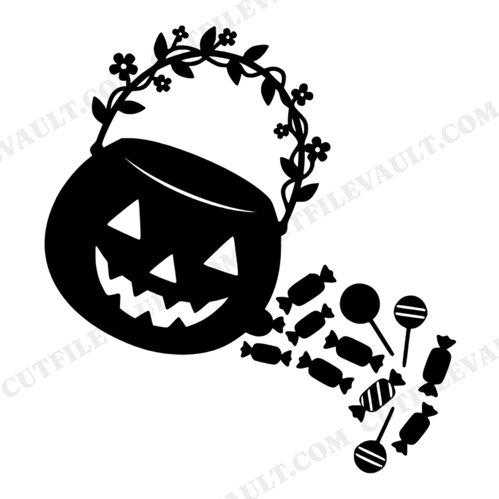 Tilted Pumpkin Bucket SVG, Spilling Candy Halloween PNG, Cottagecore Fall Cut File for Cricut, view 1