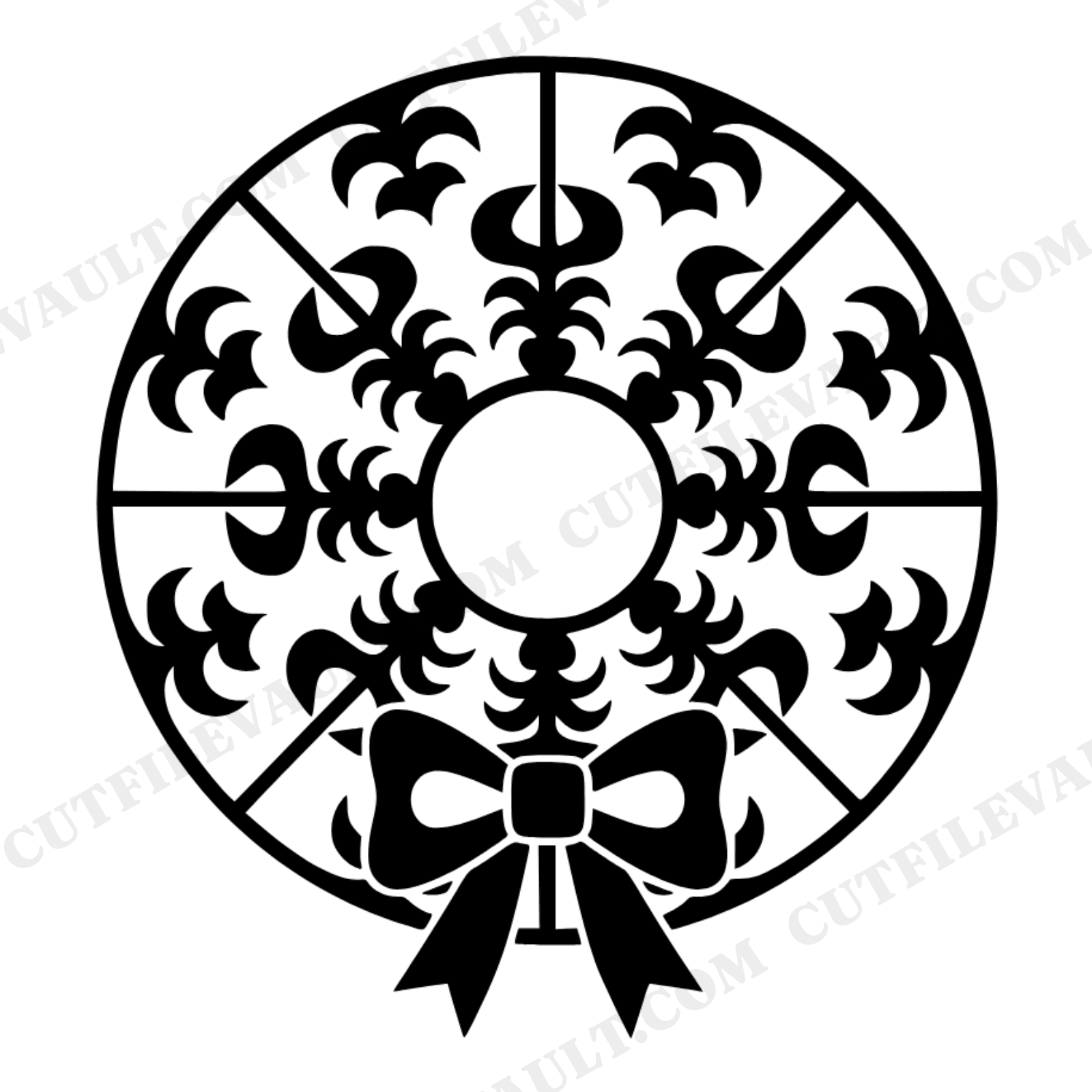 Geometric Christmas Wreath SVG, Retro 70s Medallion PNG, Stained Glass Holiday Bow Cut File, view 1