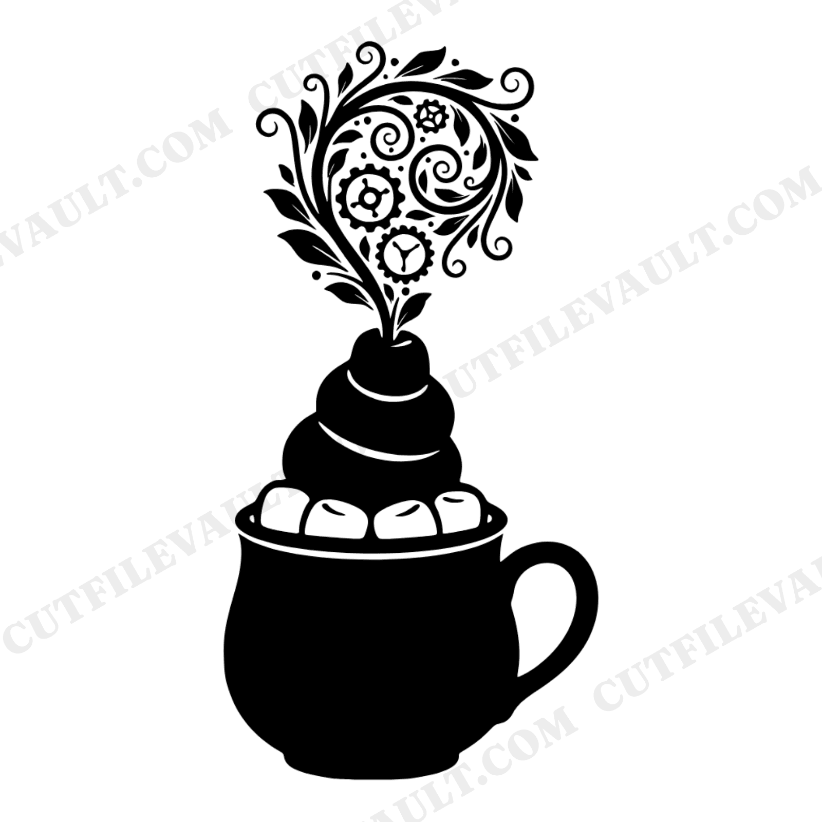 Vintage Botanical Christmas Cocoa Mug SVG PNG, Hot Chocolate Marshmallow Tower Cut File, view 1