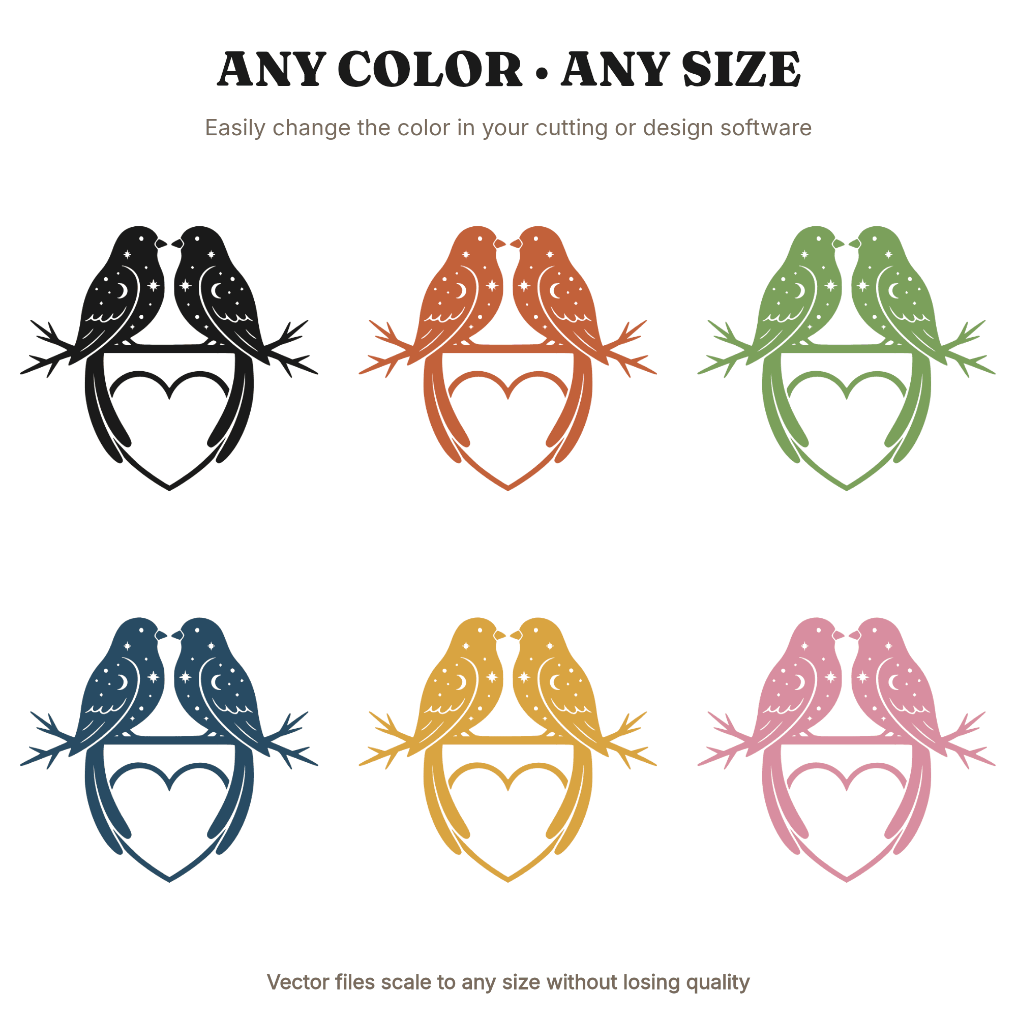 Celestial Lovebirds Heart SVG PNG, Mystical Valentine Birds Silhouette Cut File for Cricut, view 2