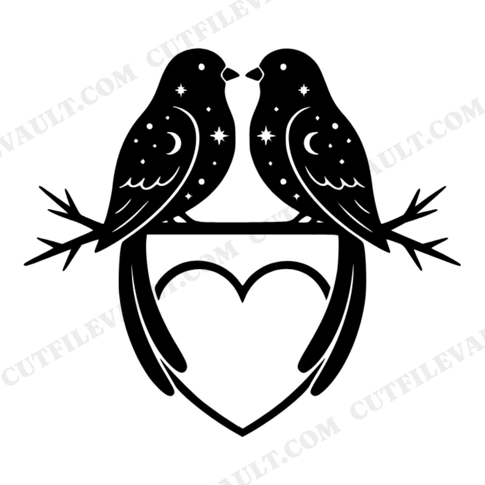 Celestial Lovebirds Heart SVG PNG, Mystical Valentine Birds Silhouette Cut File for Cricut, view 1