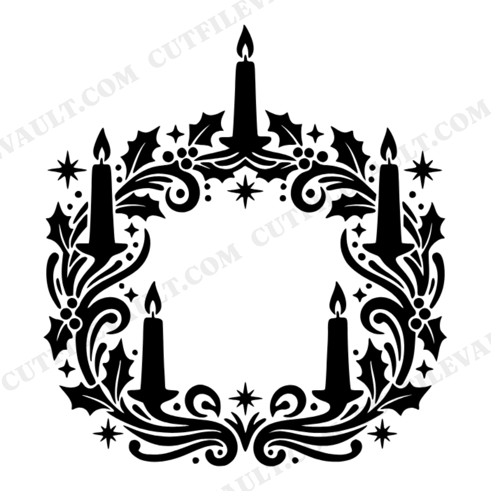 Celestial Advent Wreath SVG, Art Nouveau Holly Garland PNG, Mystical Christmas Candles Cut File, view 1