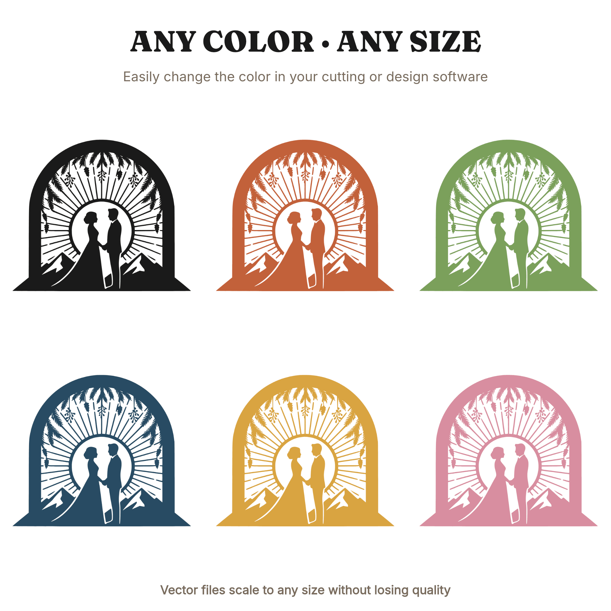 Winter Solstice Wedding SVG, Mountain Arch Bride Groom Silhouette PNG, Boho Christmas Elopement, view 2