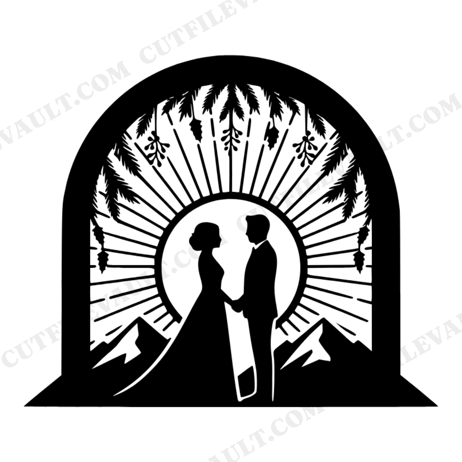 Winter Solstice Wedding SVG, Mountain Arch Bride Groom Silhouette PNG, Boho Christmas Elopement, view 1