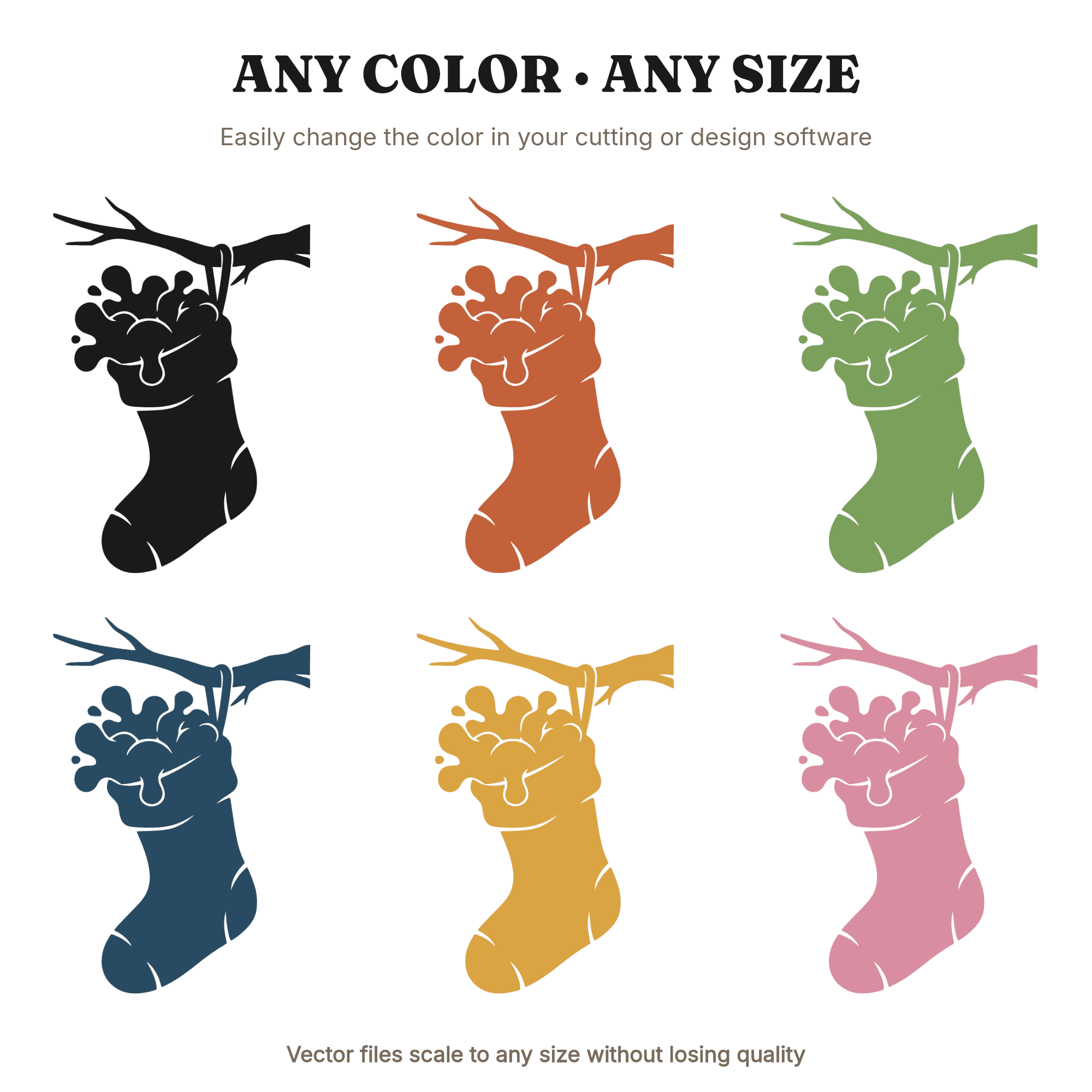 Overstuffed Christmas Stocking on Branch SVG PNG, Farmhouse Holiday Silhouette Cut File, view 2