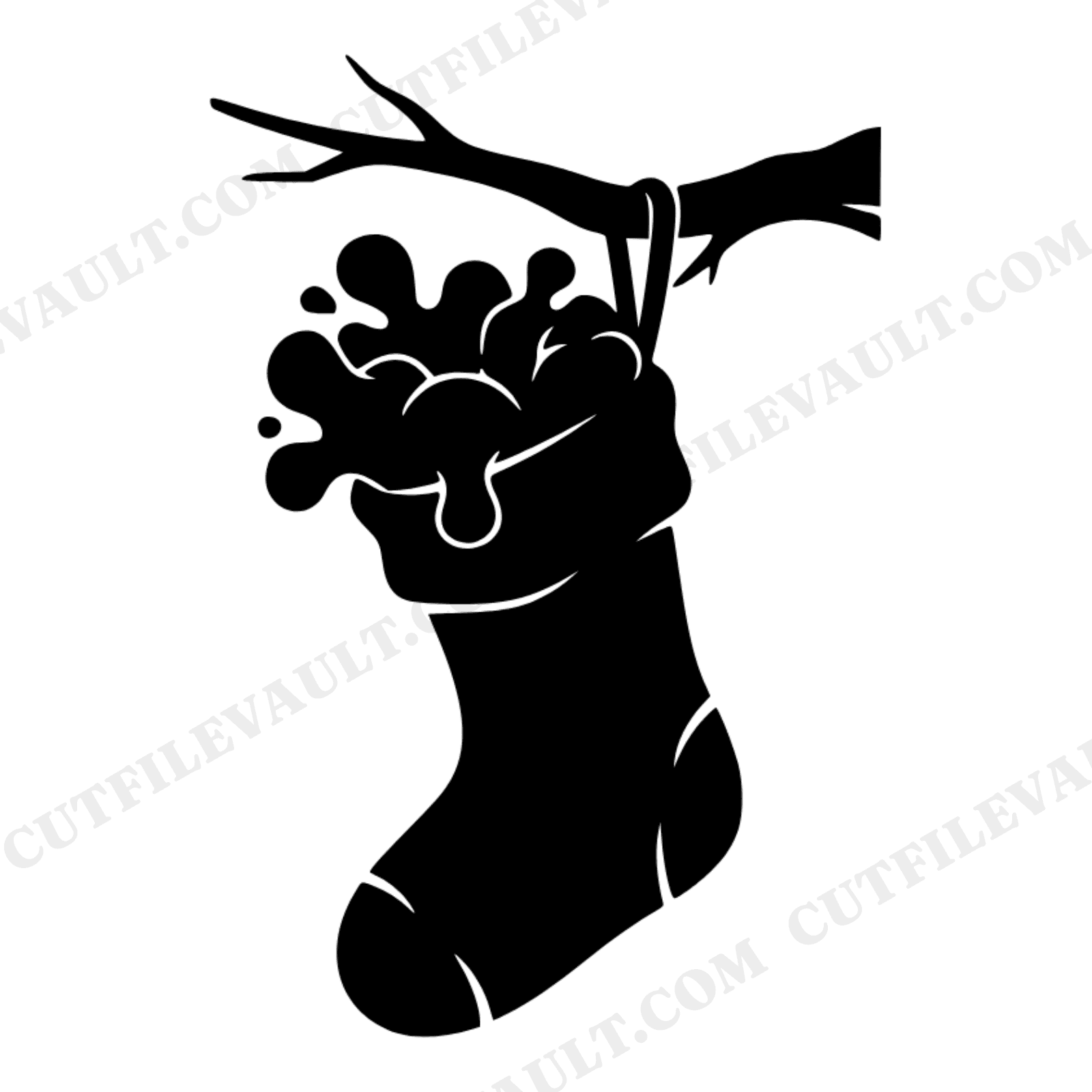 Overstuffed Christmas Stocking on Branch SVG PNG, Farmhouse Holiday Silhouette Cut File, view 1