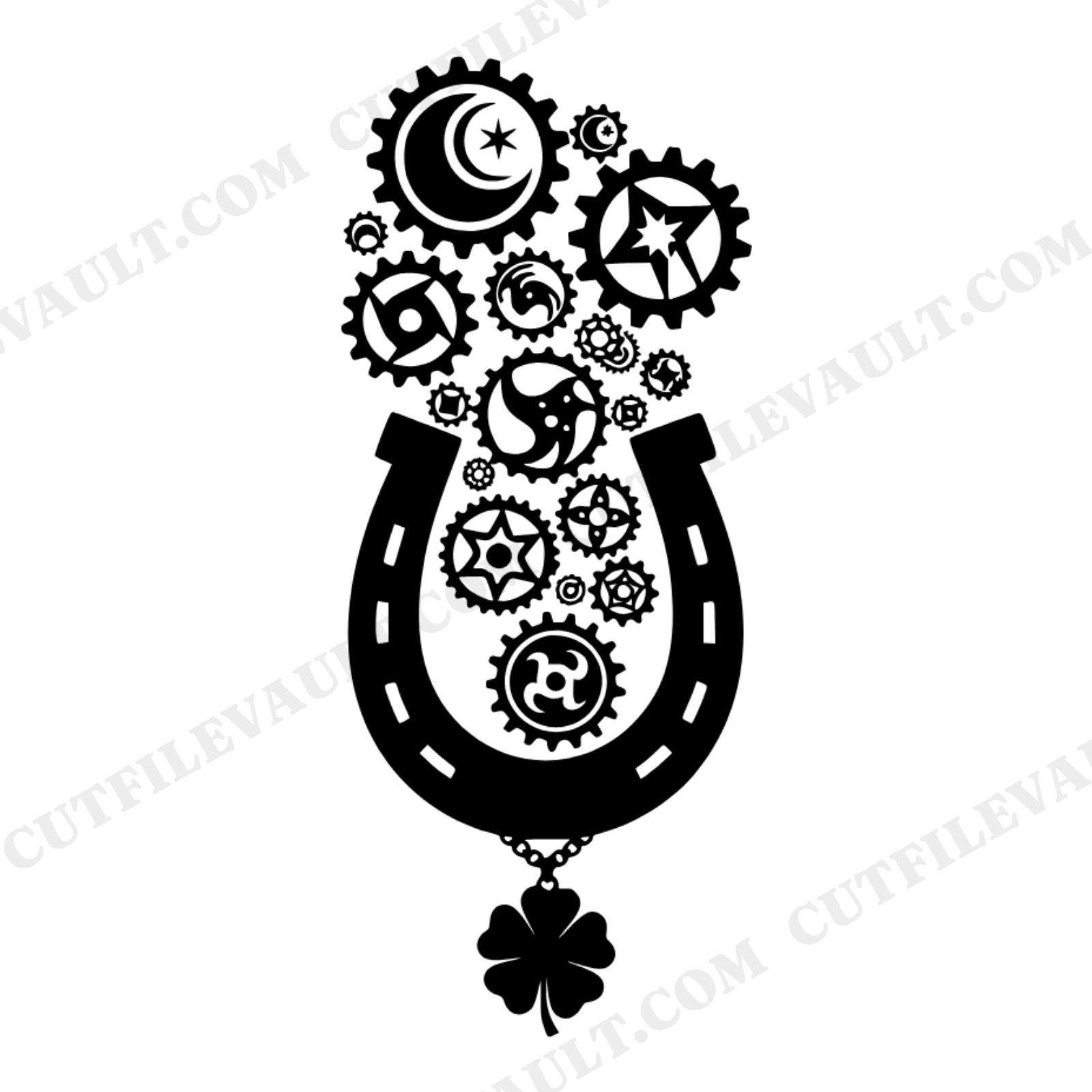 Steampunk Horseshoe SVG with Gears and Clover, Lucky Irish Celestial Cut File PNG for Cricut, view 1