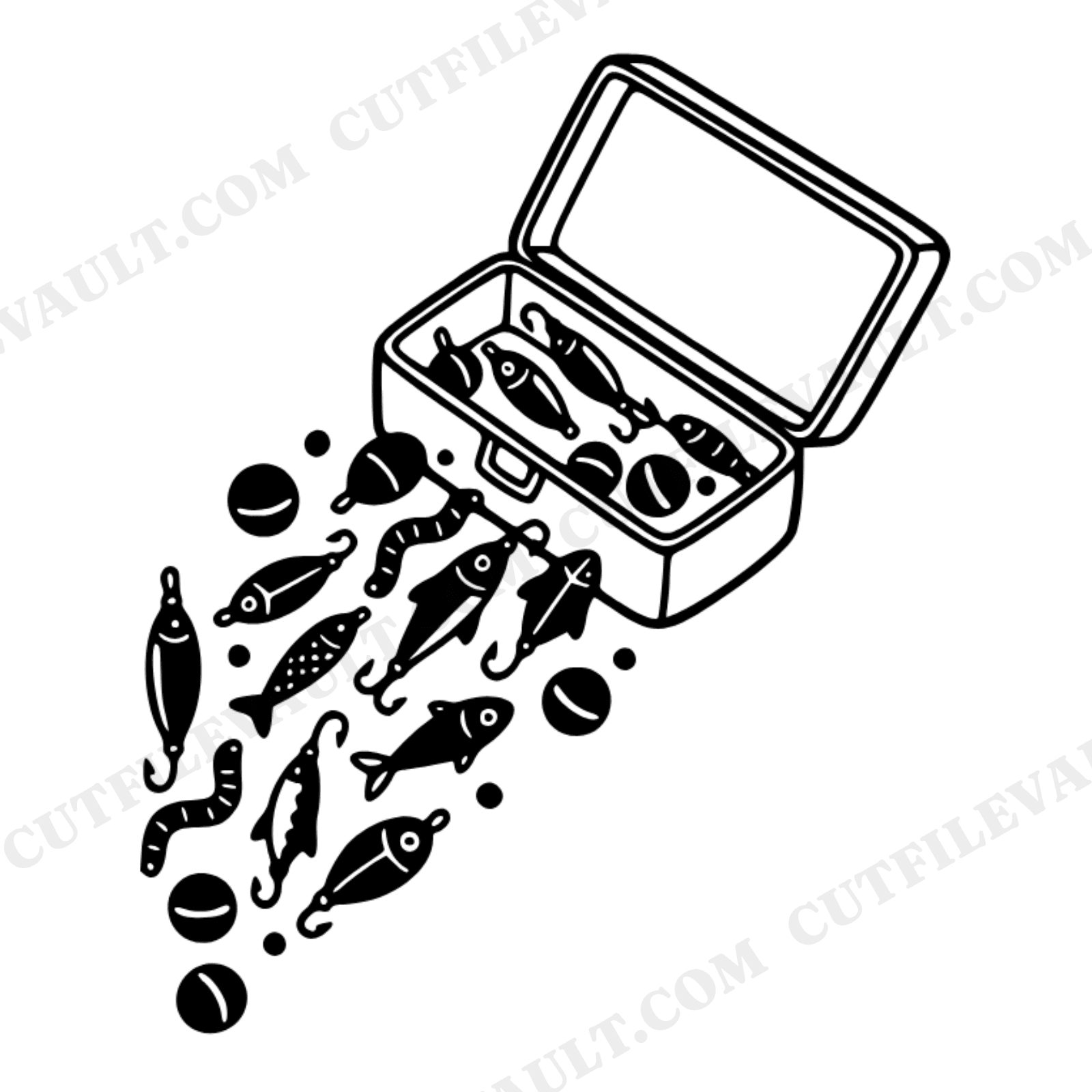 Fishing Tackle Box SVG, Lures Tumbling Out PNG, Back to School Outdoors Cut File for Cricut, view 1