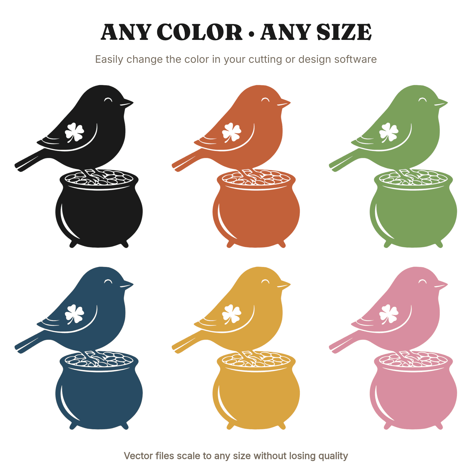 Lucky Songbird on Pot of Gold SVG PNG, St Patrick's Day Cottagecore Bird Silhouette Cut File, view 2