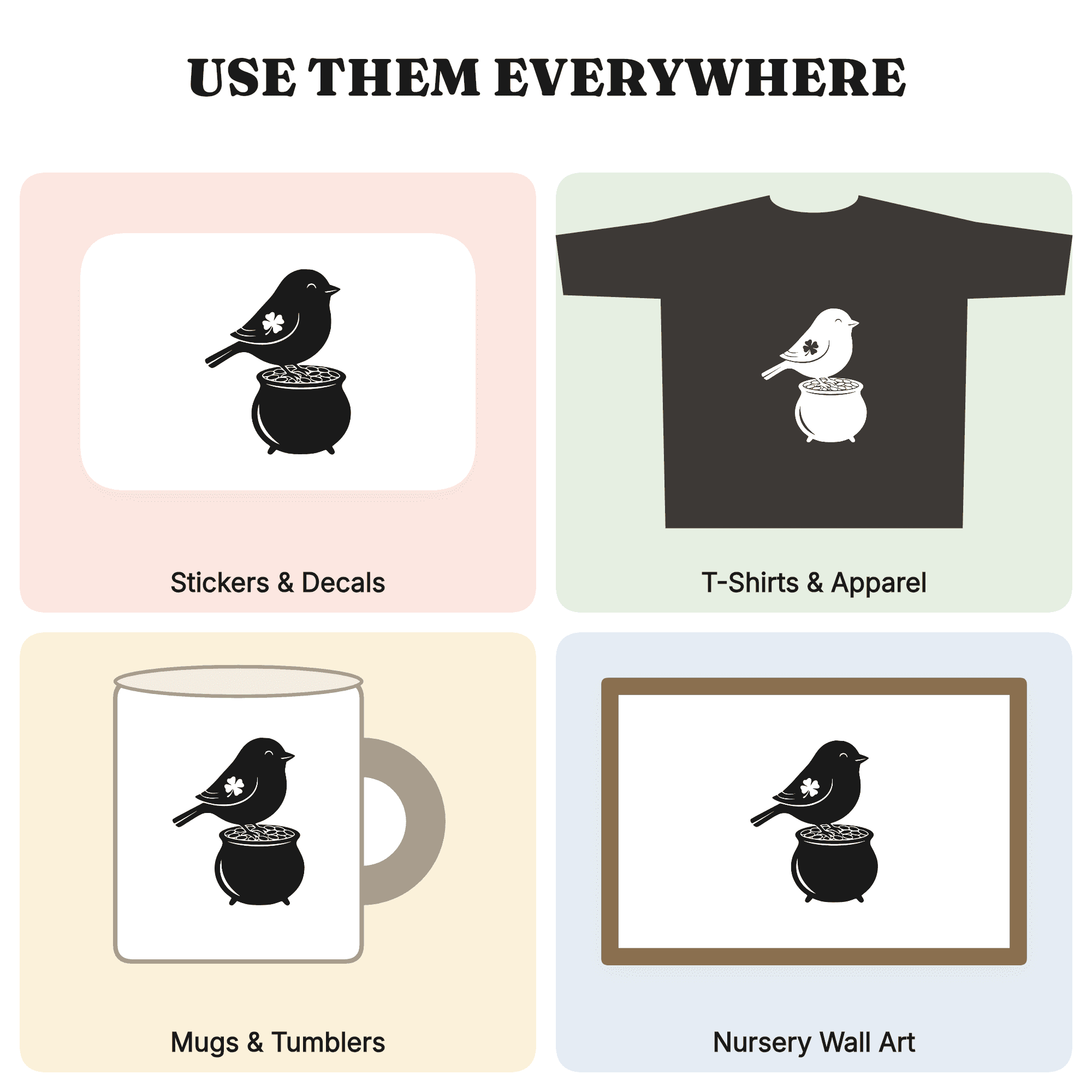 Lucky Songbird on Pot of Gold SVG PNG, St Patrick's Day Cottagecore Bird Silhouette Cut File, view 3