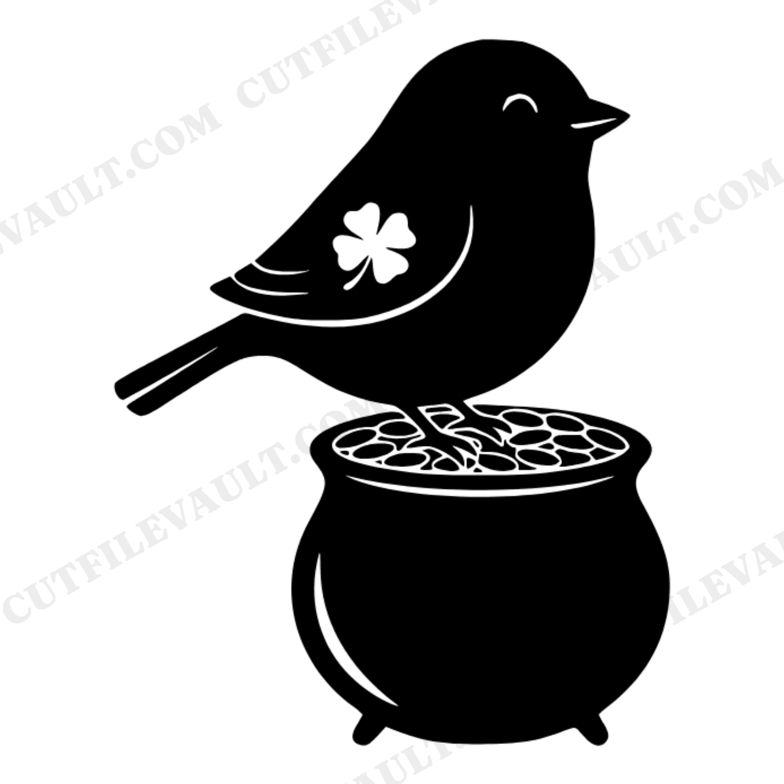 Lucky Songbird on Pot of Gold SVG PNG, St Patrick's Day Cottagecore Bird Silhouette Cut File, view 1