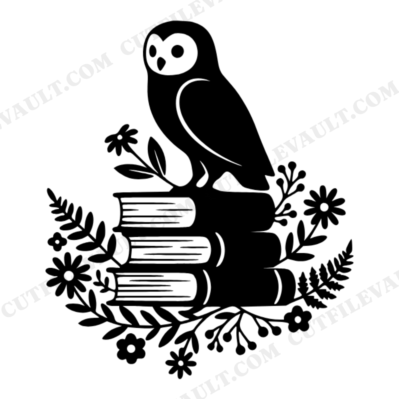 Cottagecore Owl on Books SVG PNG, Wildflower Book Stack Cut File, Teacher Appreciation Gift, view 1