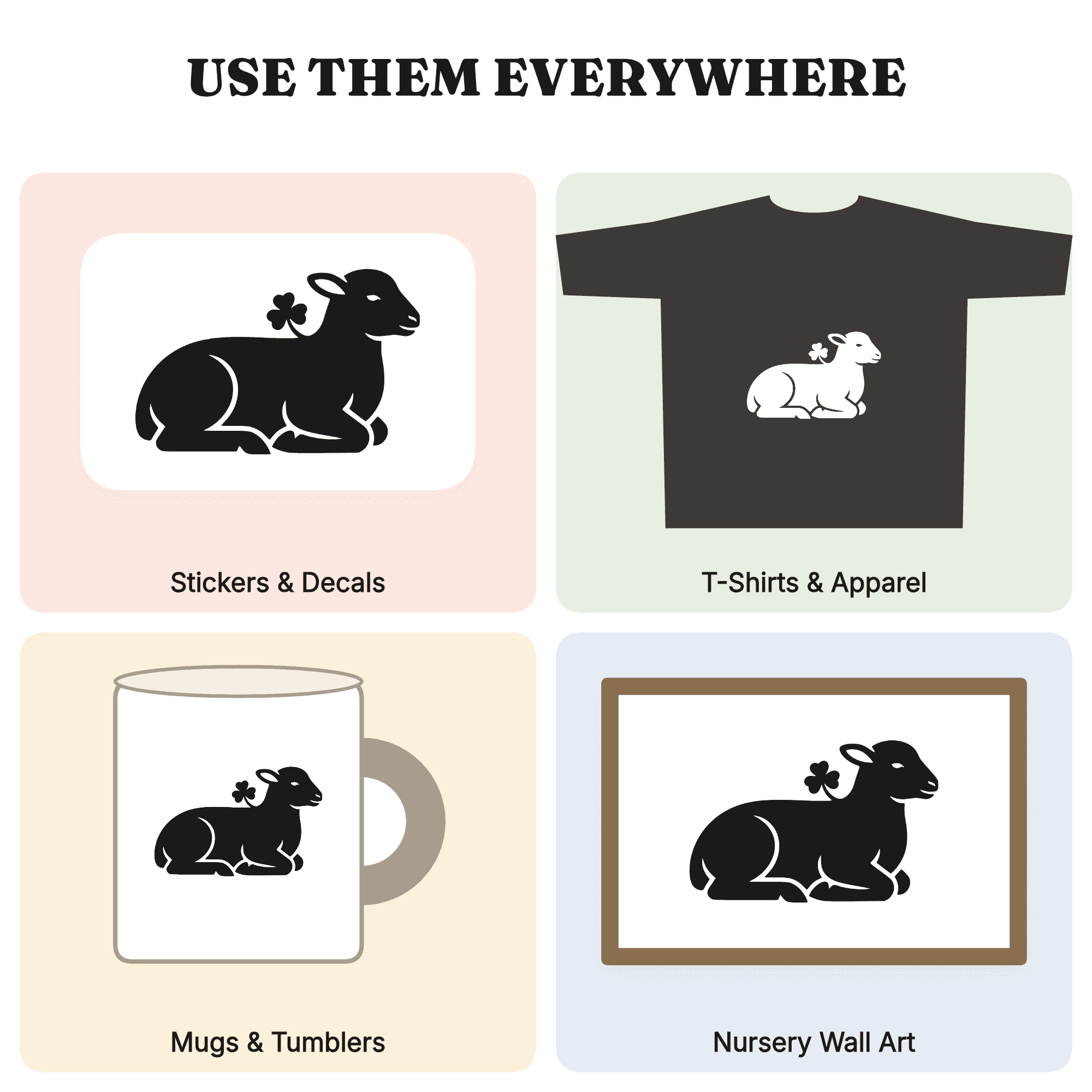 St Patricks Day Lamb SVG, Resting Sheep Silhouette PNG, Shamrock Lamb Cut File, Irish Spring Decor, view 3