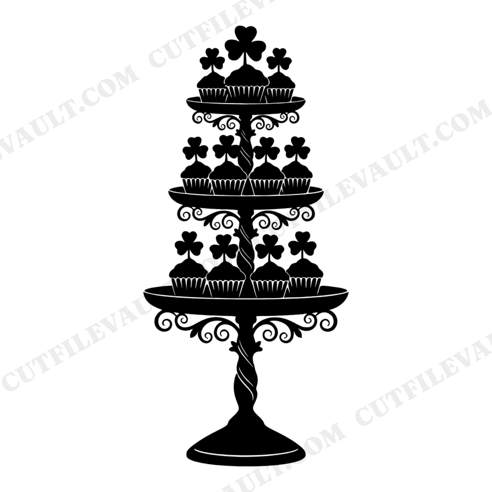 Three Tier Shamrock Cupcake Stand SVG, St Patrick's Day Dessert Table PNG, Irish Party Decor Cut File, view 1