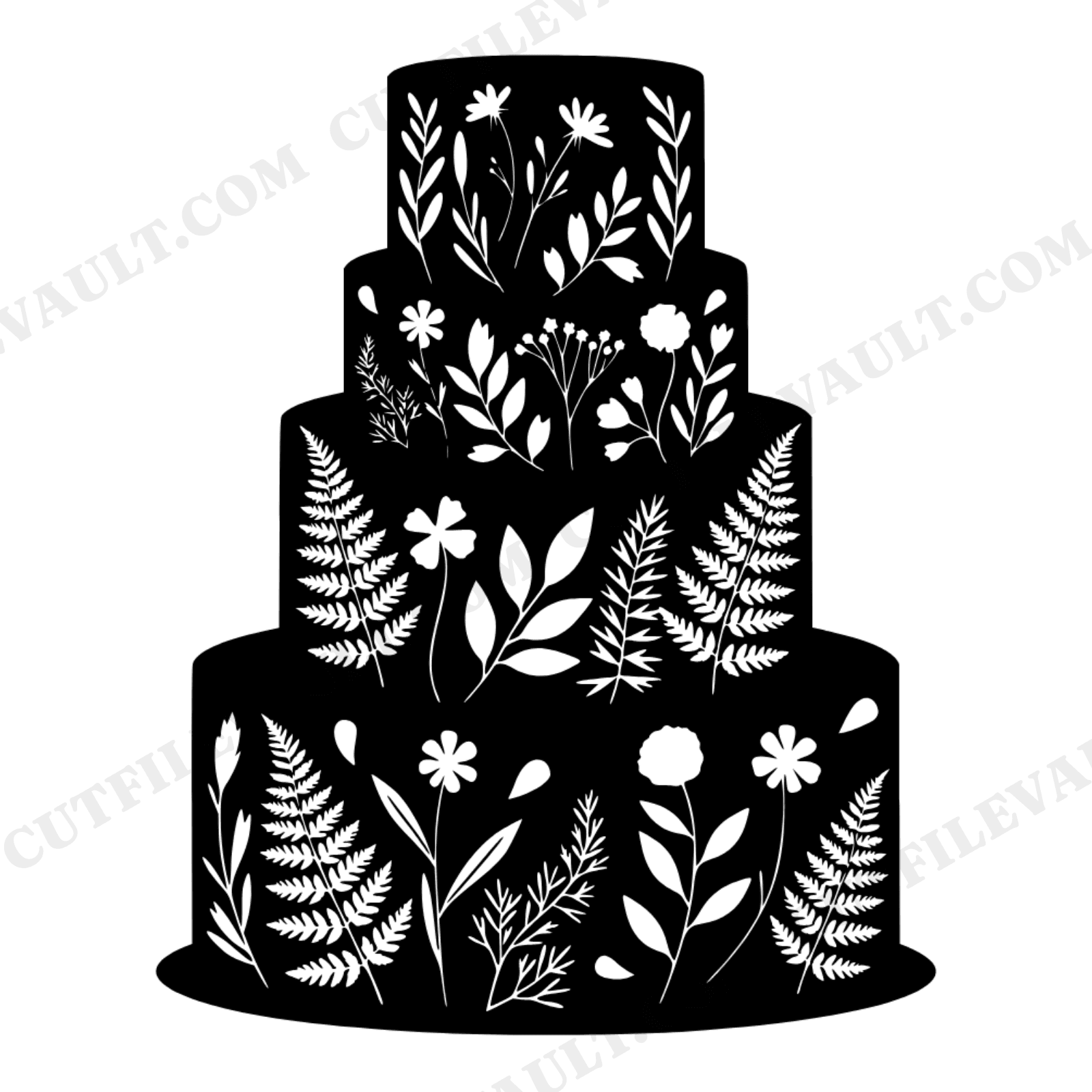 Botanical Wedding Cake SVG PNG, Boho Herbarium Cake Silhouette, Pressed Flower Cake Cut File, view 1