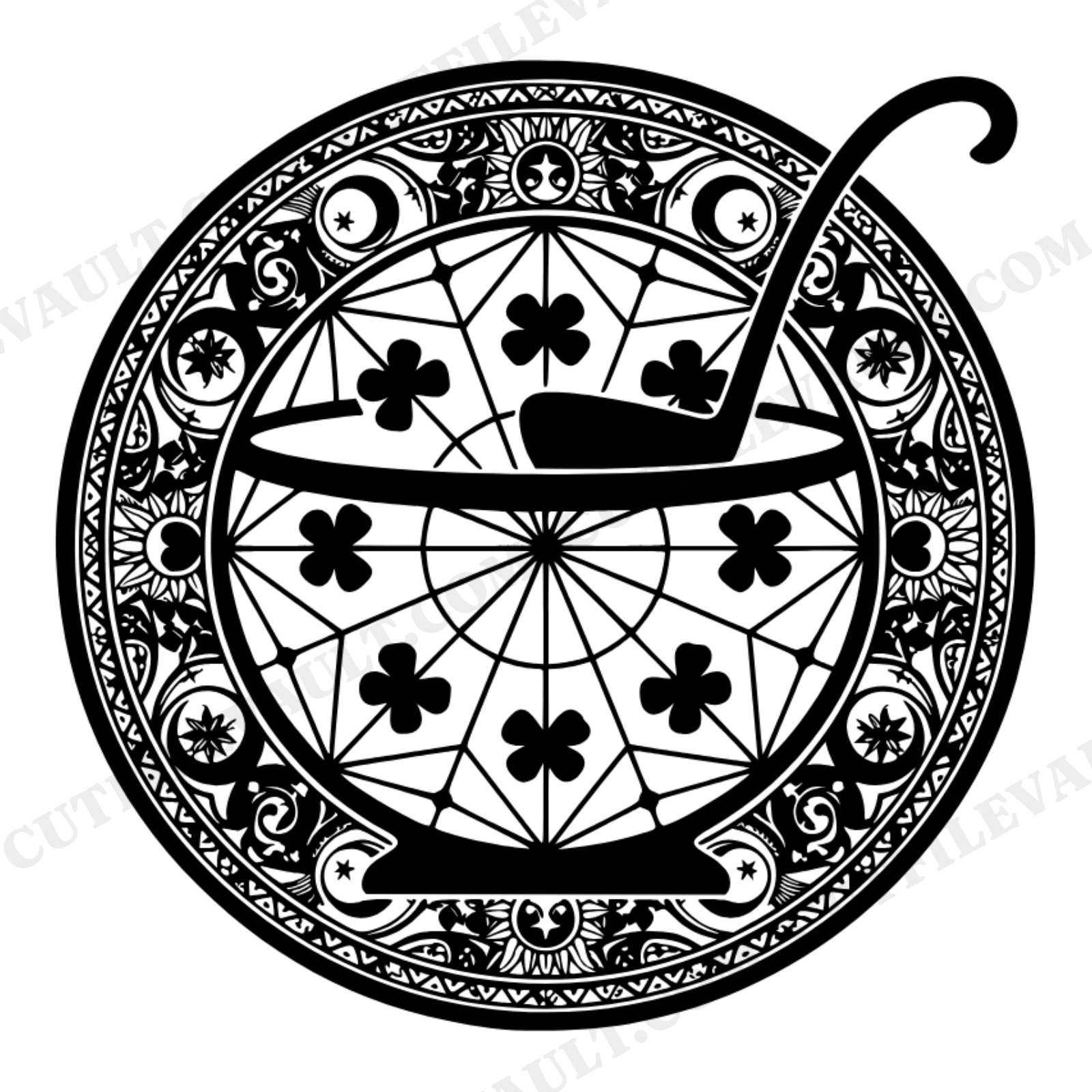 Celestial Shamrock Punch Bowl SVG PNG, Irish Wedding Bridal Shower Stained Glass Mandala Cut File, view 1
