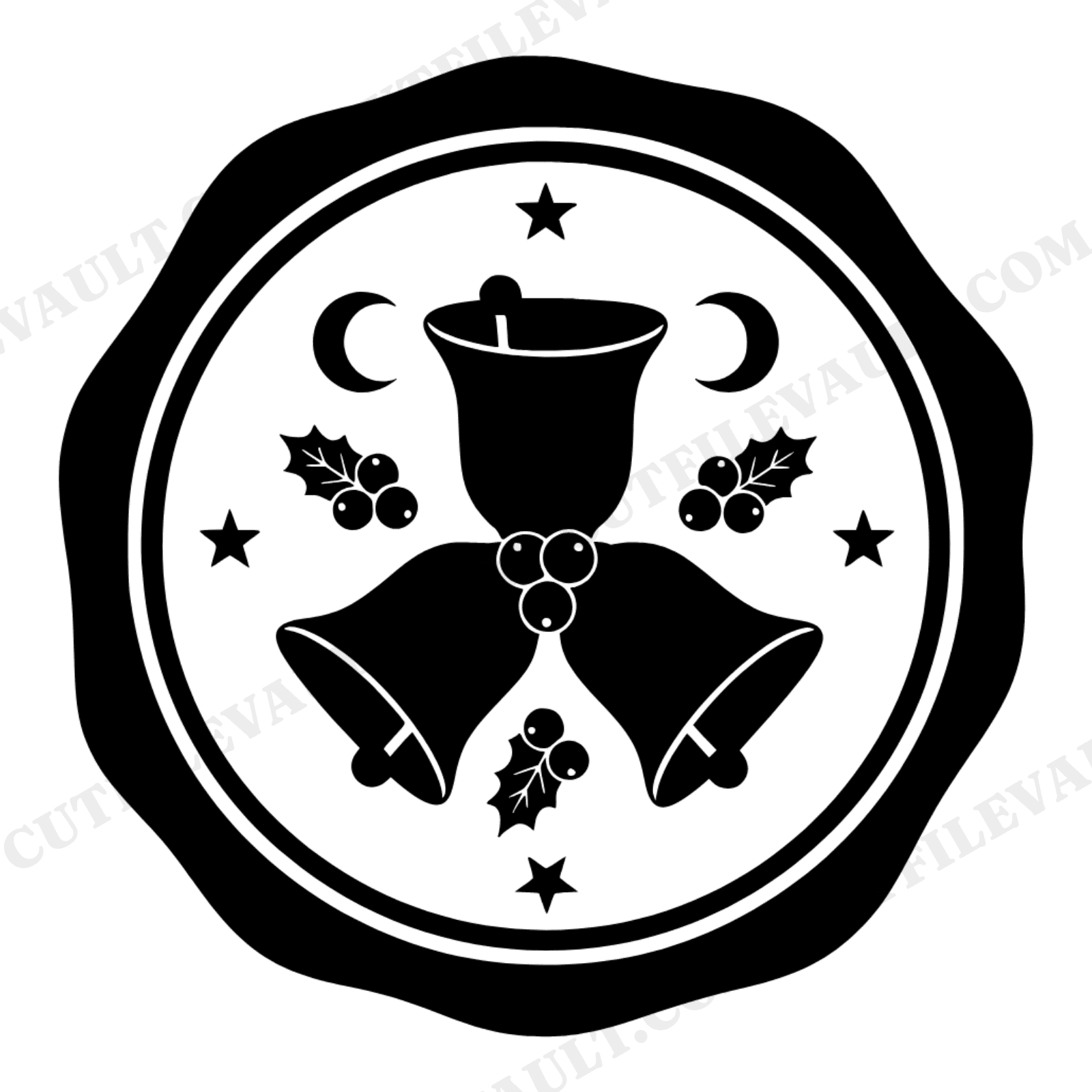 Celestial Bells Wax Seal Christmas Ornament SVG PNG, Mystical Holiday Cut File, Stars Moons Holly, view 1
