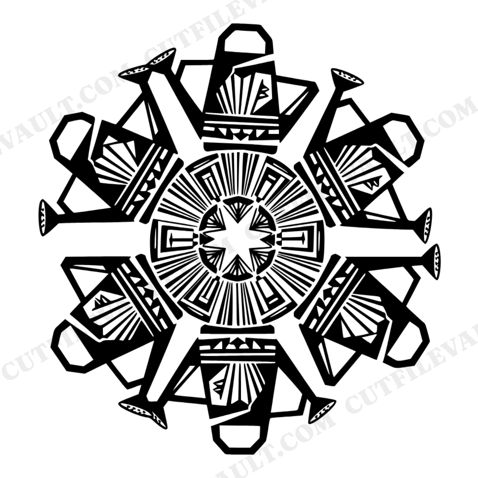New Year Watering Can Mandala SVG PNG, Art Deco Geometric Cut File, Six Symmetrical Watering Cans, view 1