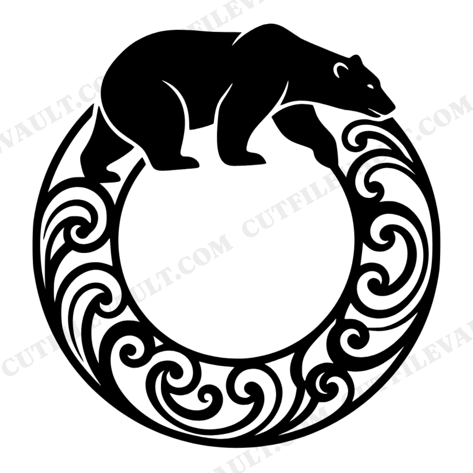 Polar Bear Wreath SVG, Retro Christmas Ornament Circle Silhouette PNG, 70s Art Nouveau Cut File, view 1