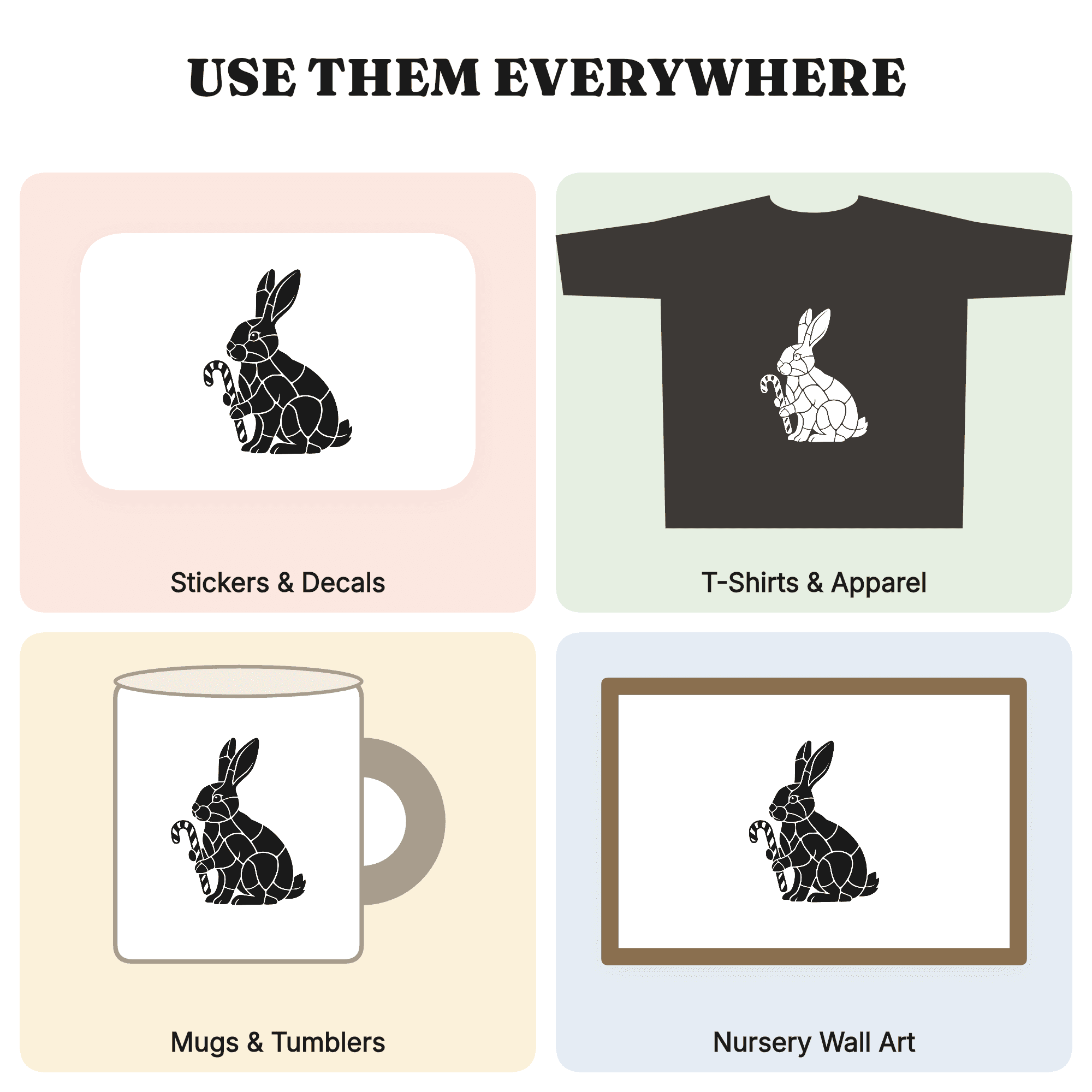 Christmas Rabbit SVG, Stained Glass Bunny with Candy Cane PNG, Boho Holiday Cut File, Geometric Rabbit, view 3