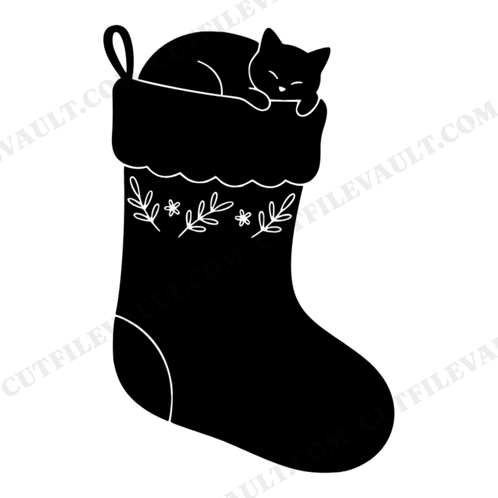 Christmas Cat in Stocking SVG PNG, Overhead View Cottagecore Floral Holiday Cut File for Cricut, view 1
