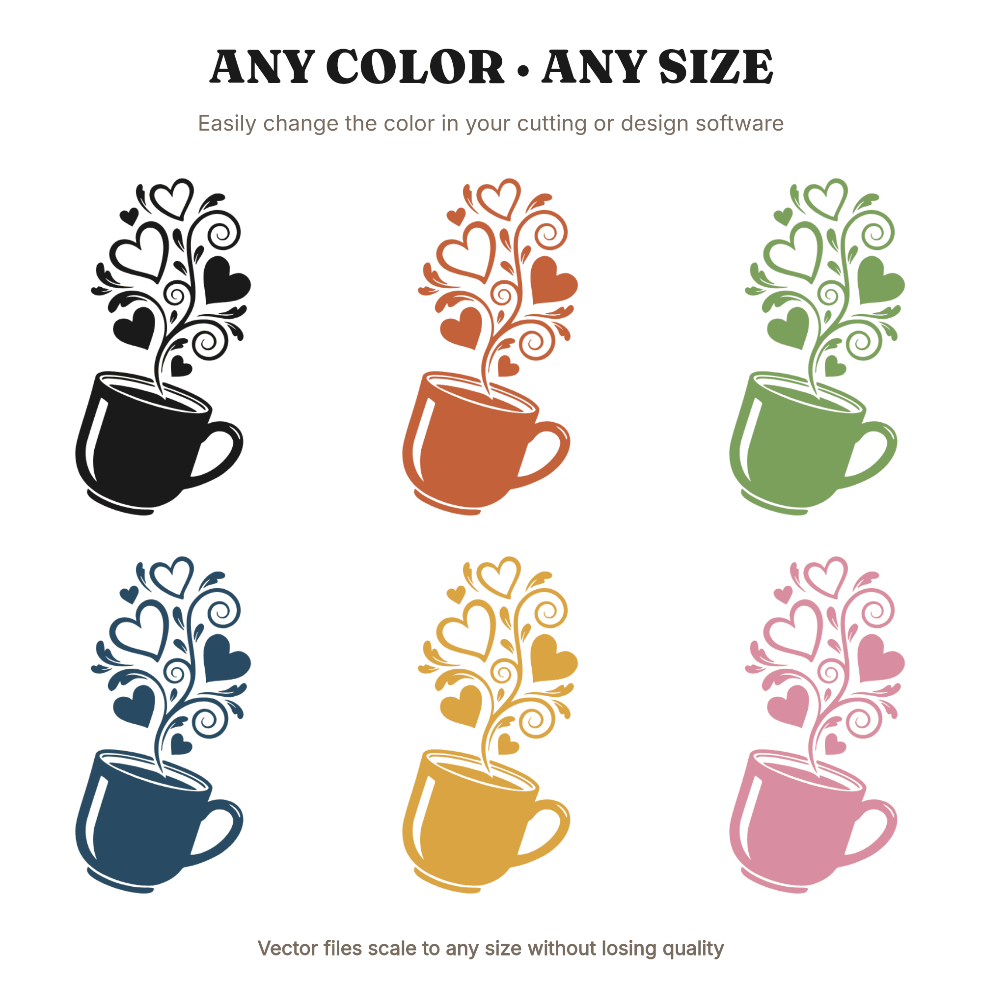 Tilted Coffee Mug SVG with Heart Steam Swirls, Valentine's Day Cut File, Farmhouse Coffee PNG, view 2