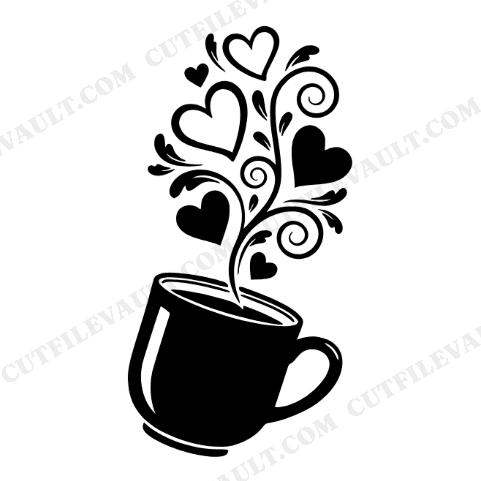 Tilted Coffee Mug SVG with Heart Steam Swirls, Valentine's Day Cut File, Farmhouse Coffee PNG, view 1