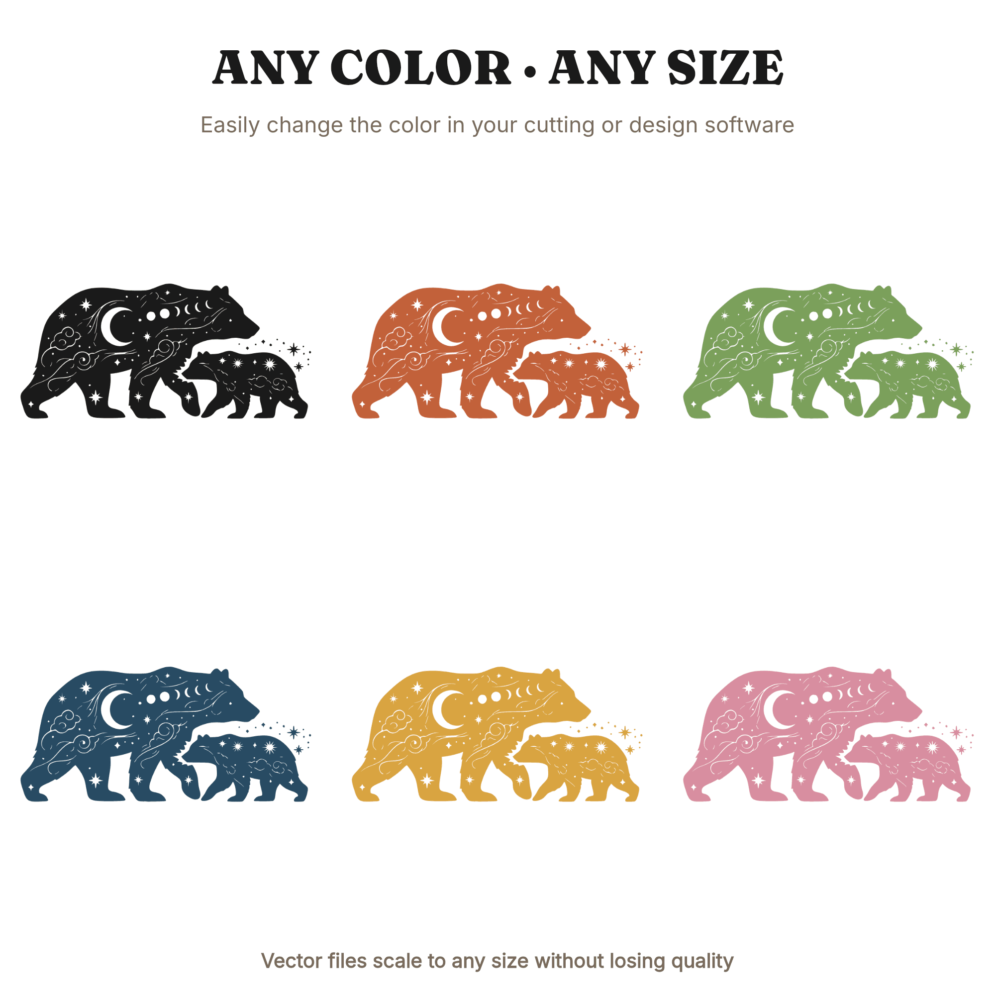 Mama Bear and Cub Celestial Silhouette SVG PNG, Labor Day Cut File, Moon and Stars Parent Child, view 2