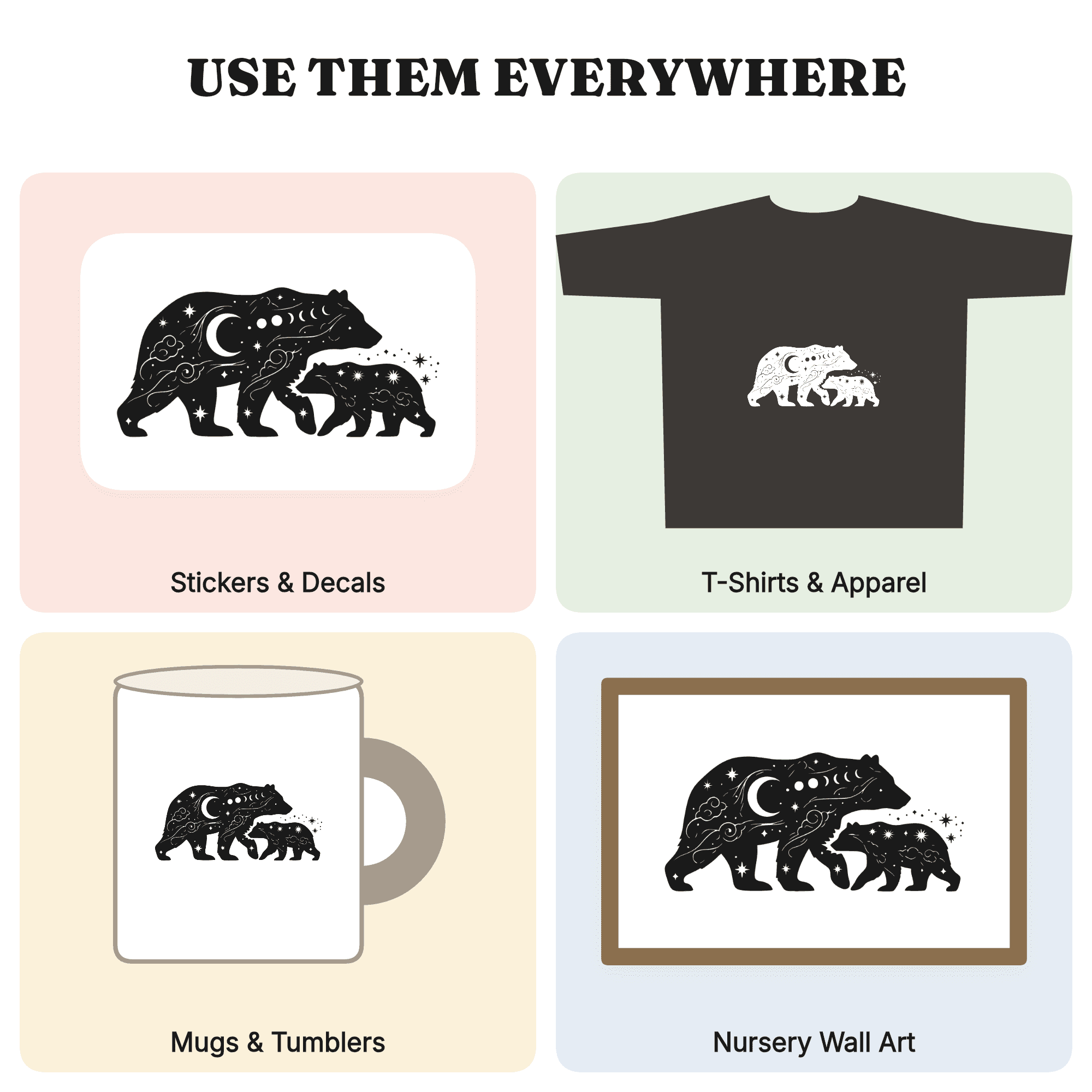 Mama Bear and Cub Celestial Silhouette SVG PNG, Labor Day Cut File, Moon and Stars Parent Child, view 3