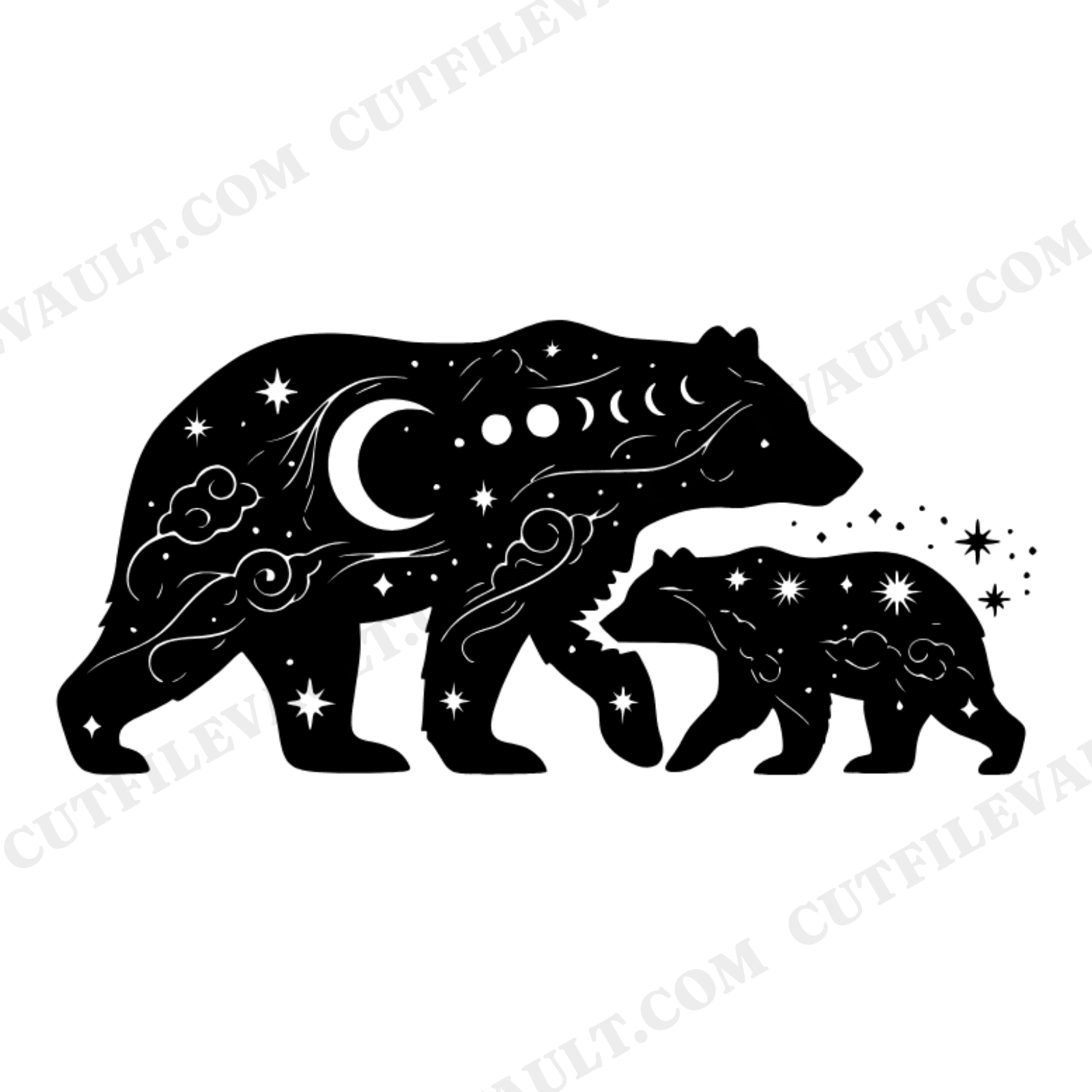 Mama Bear and Cub Celestial Silhouette SVG PNG, Labor Day Cut File, Moon and Stars Parent Child, view 1