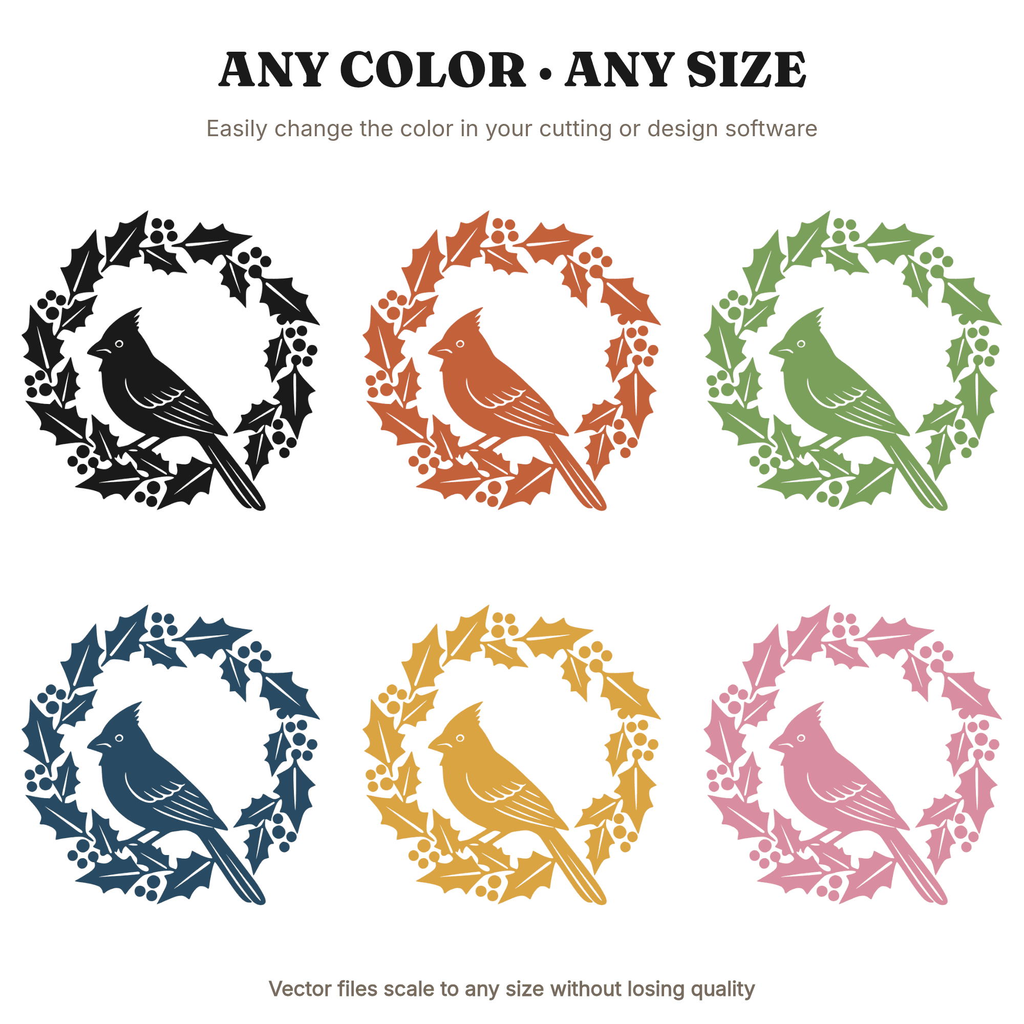 Christmas Cardinal SVG, Holly Wreath Ornament PNG, Mid Century Winter Bird Cut File for Cricut, view 2
