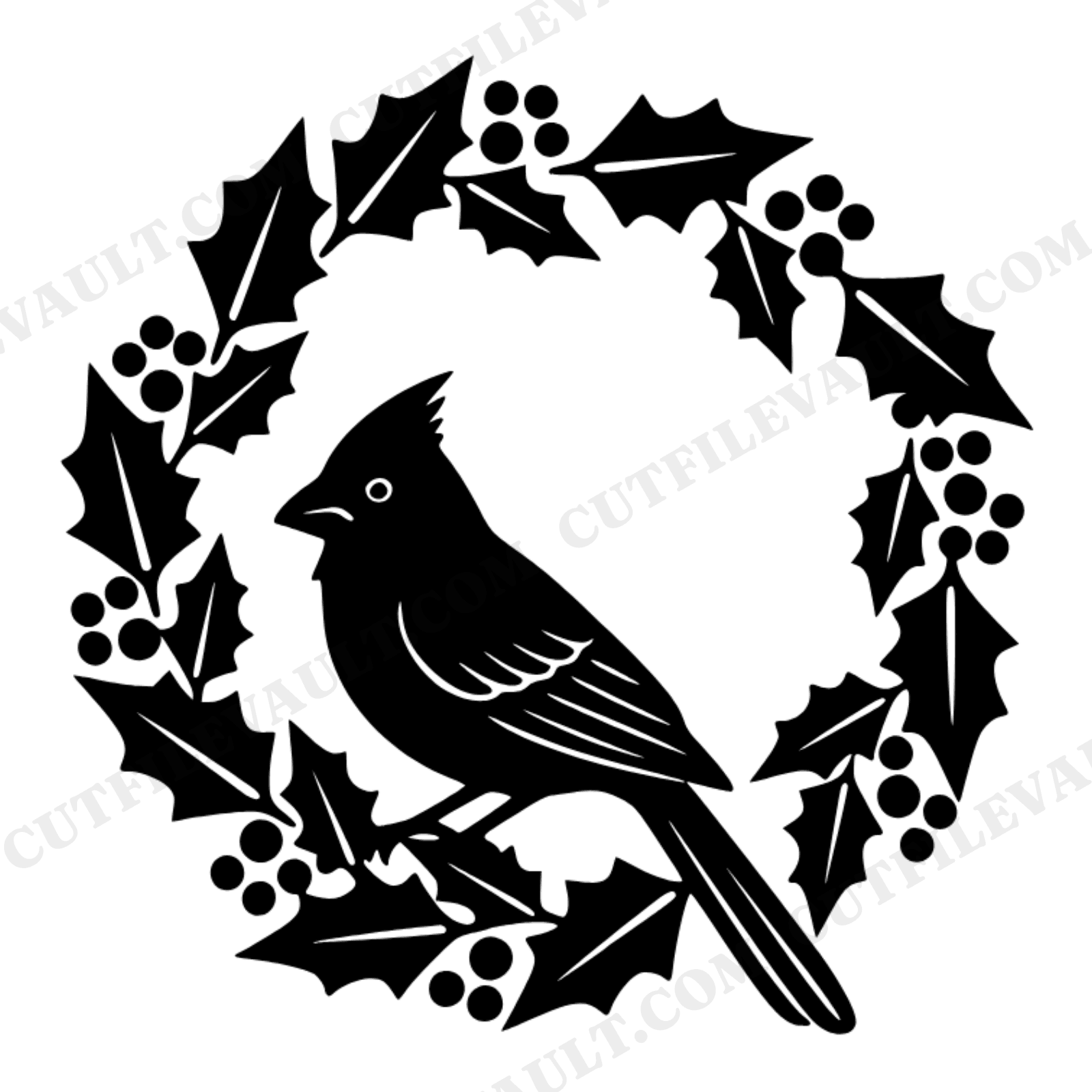 Christmas Cardinal SVG, Holly Wreath Ornament PNG, Mid Century Winter Bird Cut File for Cricut, view 1