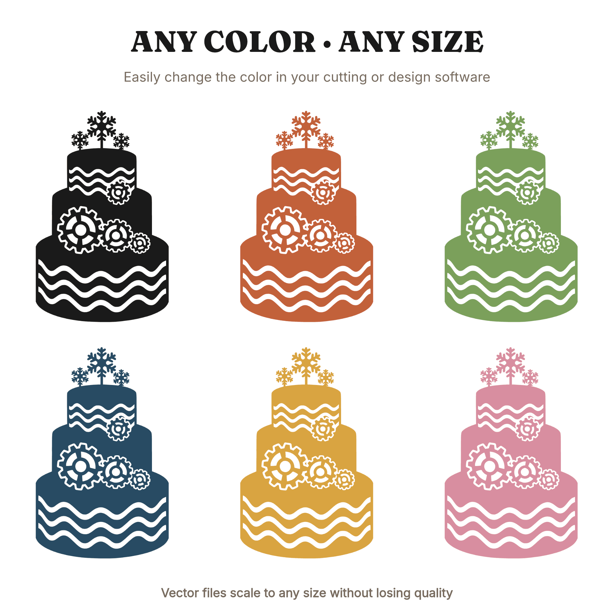 Christmas Wedding Cake SVG, Steampunk Gears Snowflakes PNG, Holiday Bride Cut File Design, view 2