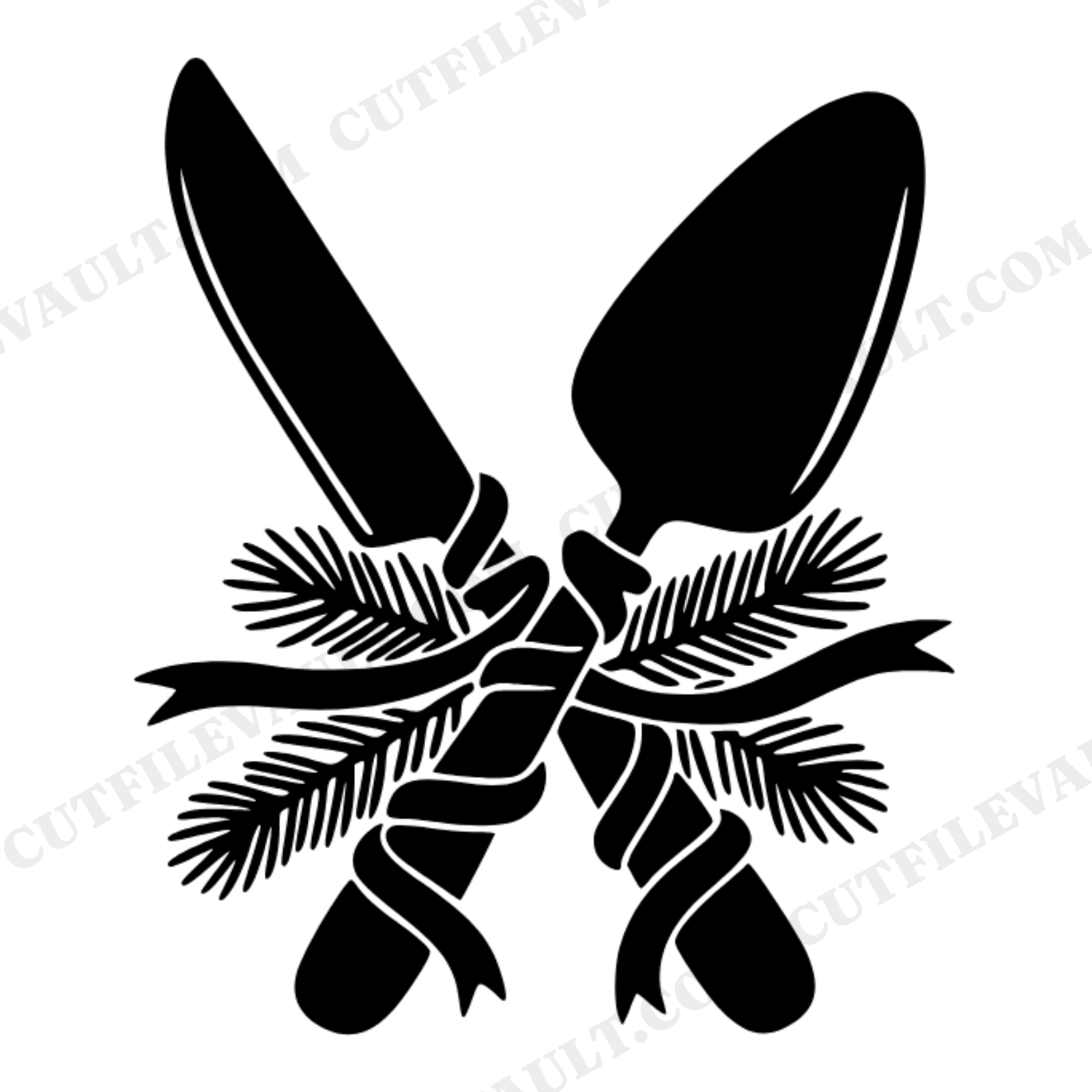Christmas Bridal Cake Knife Server SVG PNG, Retro 70s Wave Pine Boughs Wedding Cut File, view 1