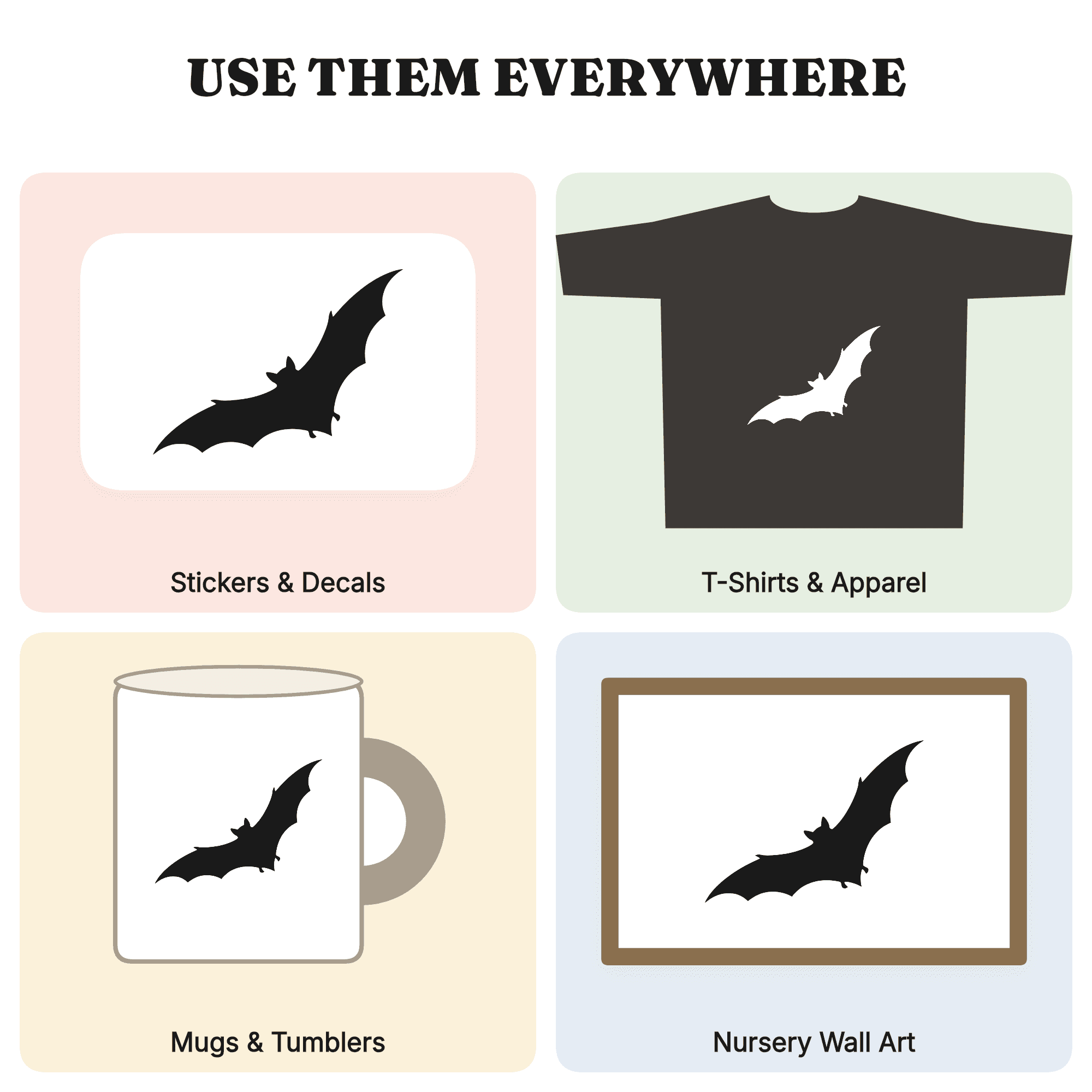 Upward Swooping Bat SVG PNG, Halloween Bat Silhouette Cut File, Flying Bat Window Cling Design, view 3