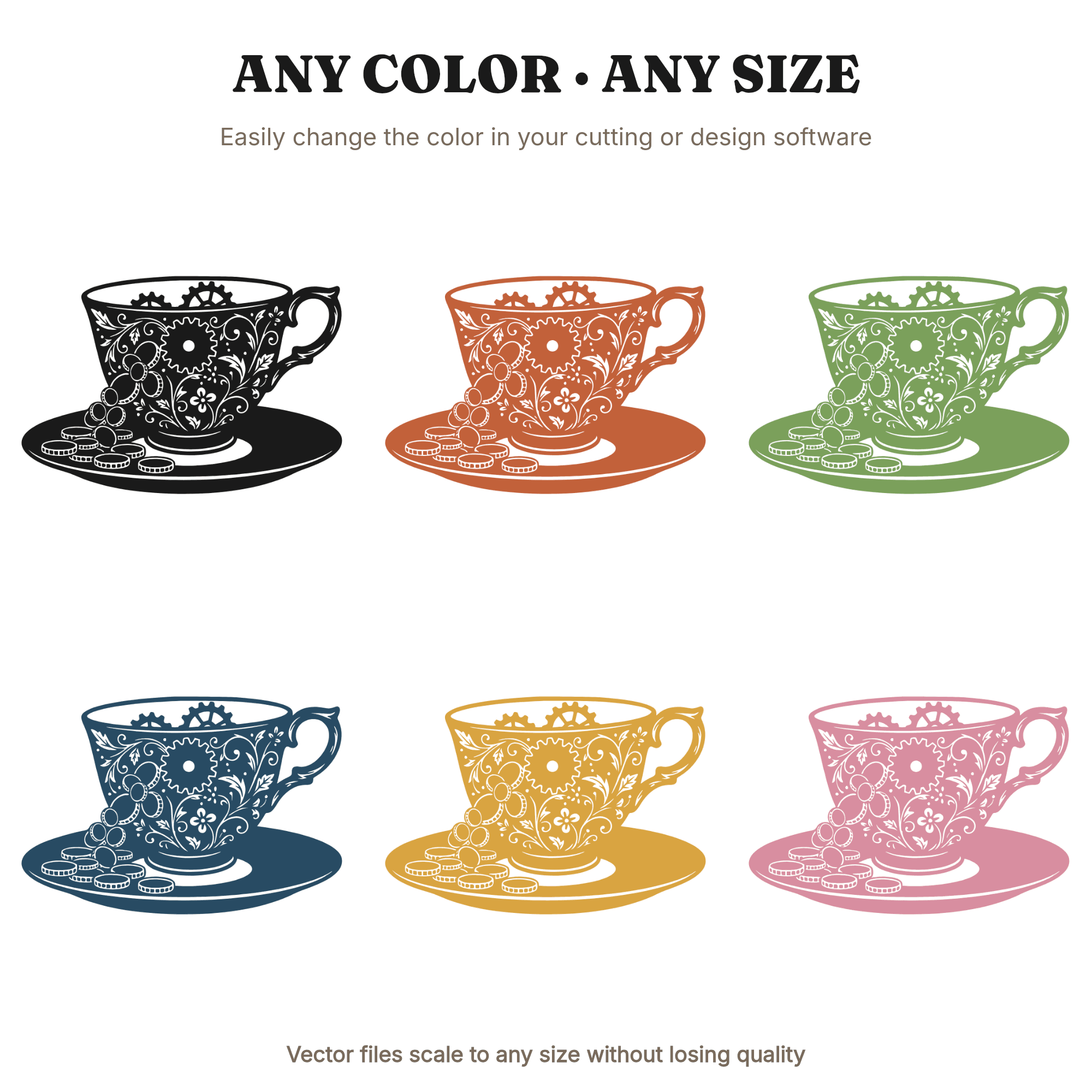 Victorian Teacup Spilling Gold Coins SVG PNG, St Patricks Day Steampunk Gears Cut File Design, view 2