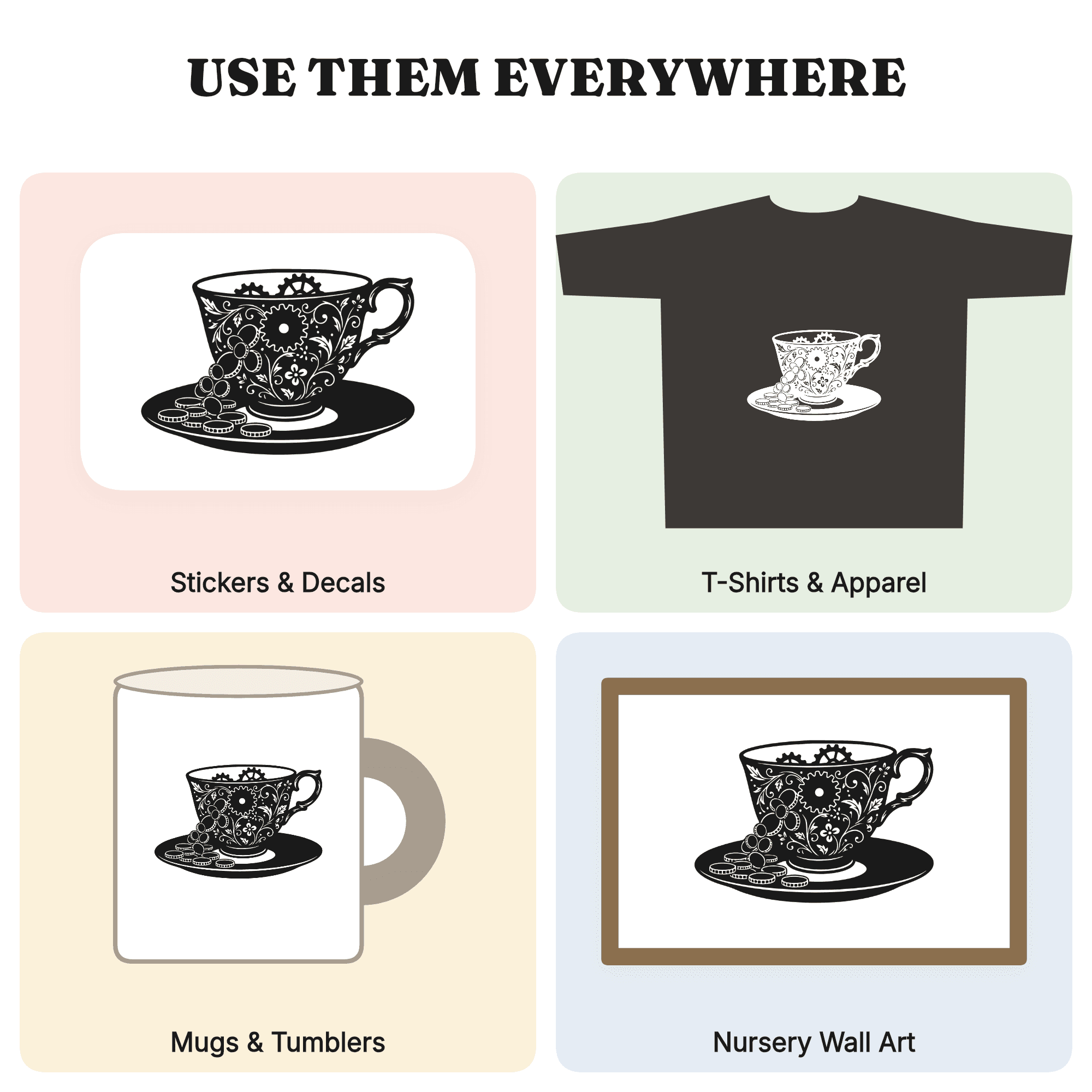 Victorian Teacup Spilling Gold Coins SVG PNG, St Patricks Day Steampunk Gears Cut File Design, view 3