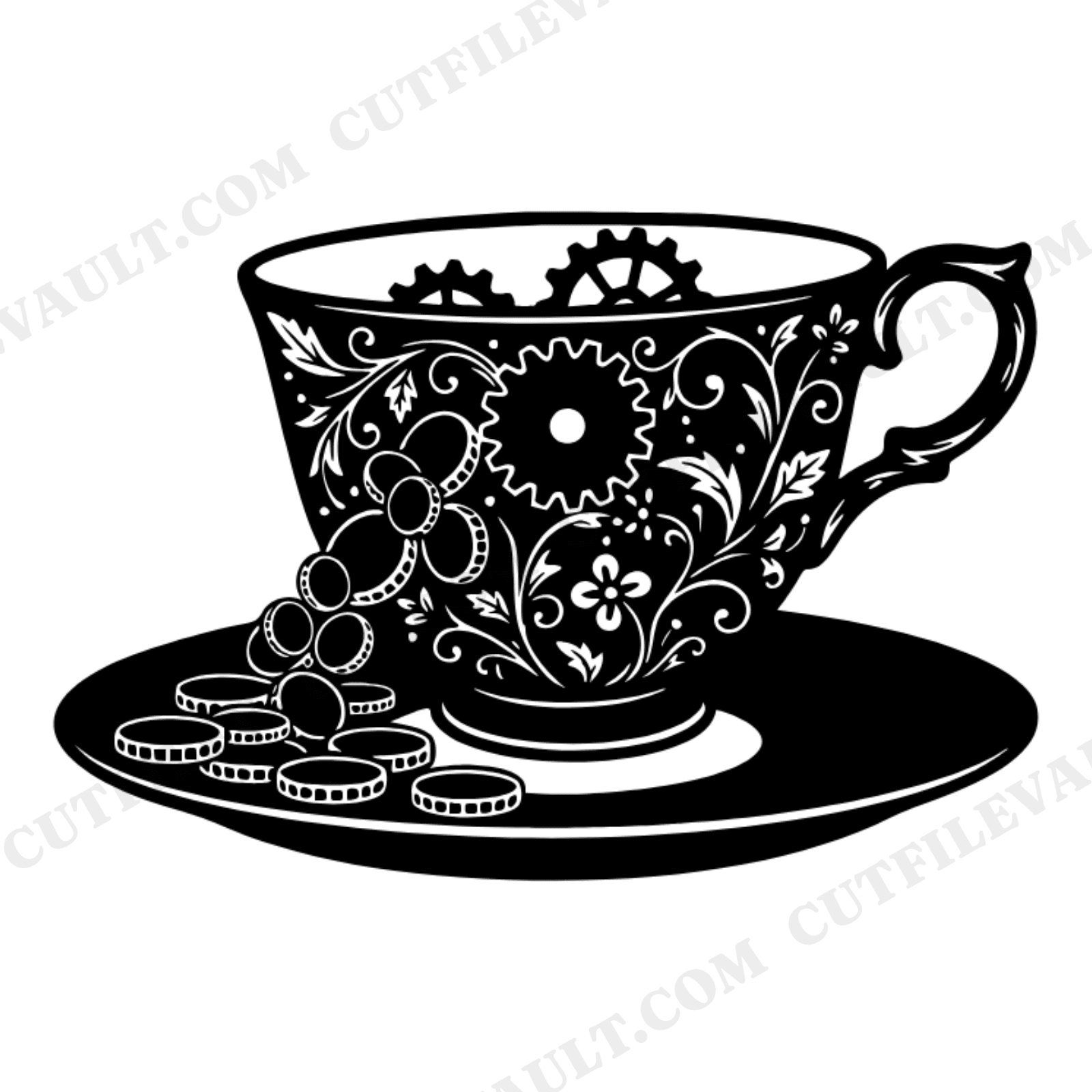 Victorian Teacup Spilling Gold Coins SVG PNG, St Patricks Day Steampunk Gears Cut File Design, view 1