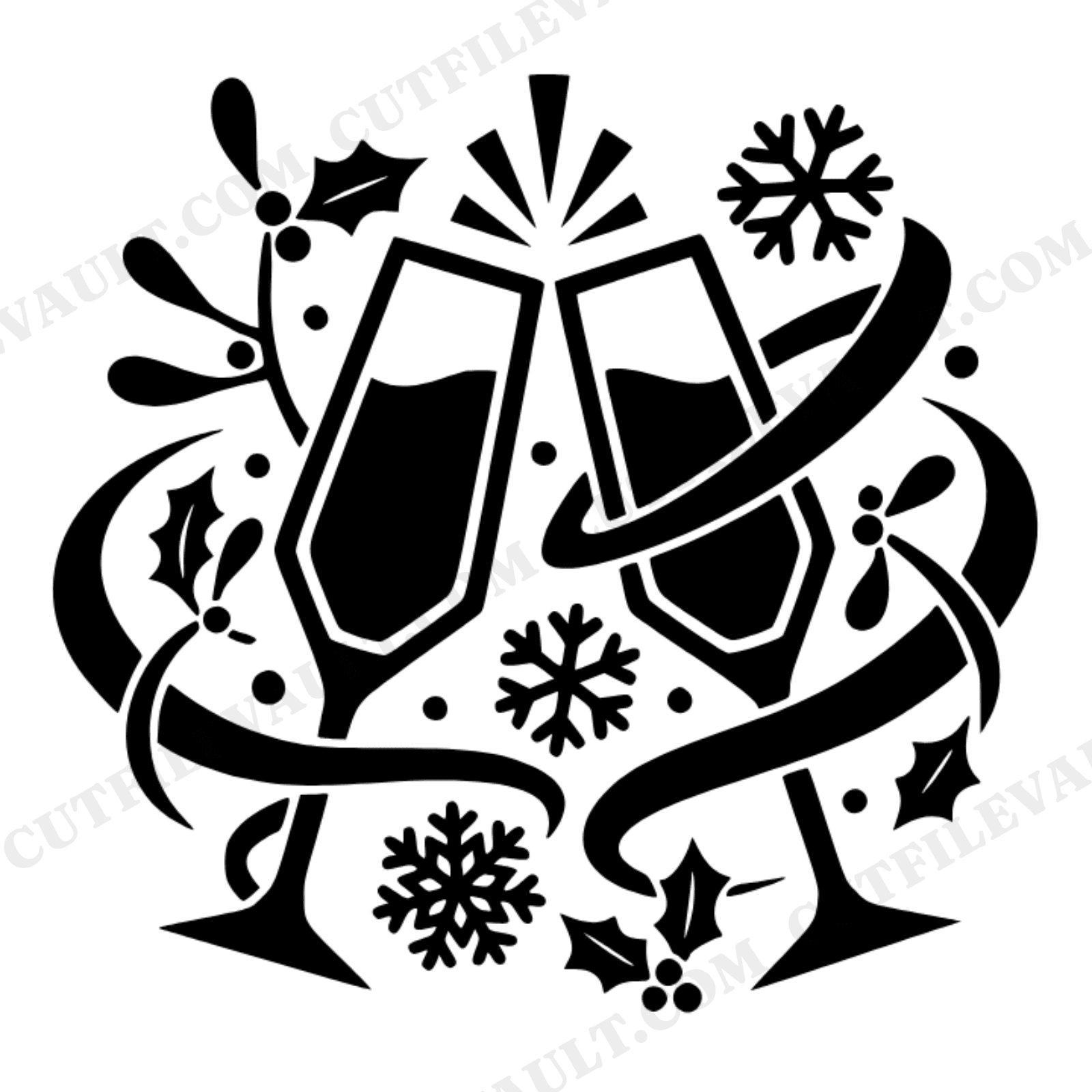 Winter Wedding Toast Champagne Flutes SVG PNG, Snowflakes Mistletoe Art Nouveau Cut File, view 1